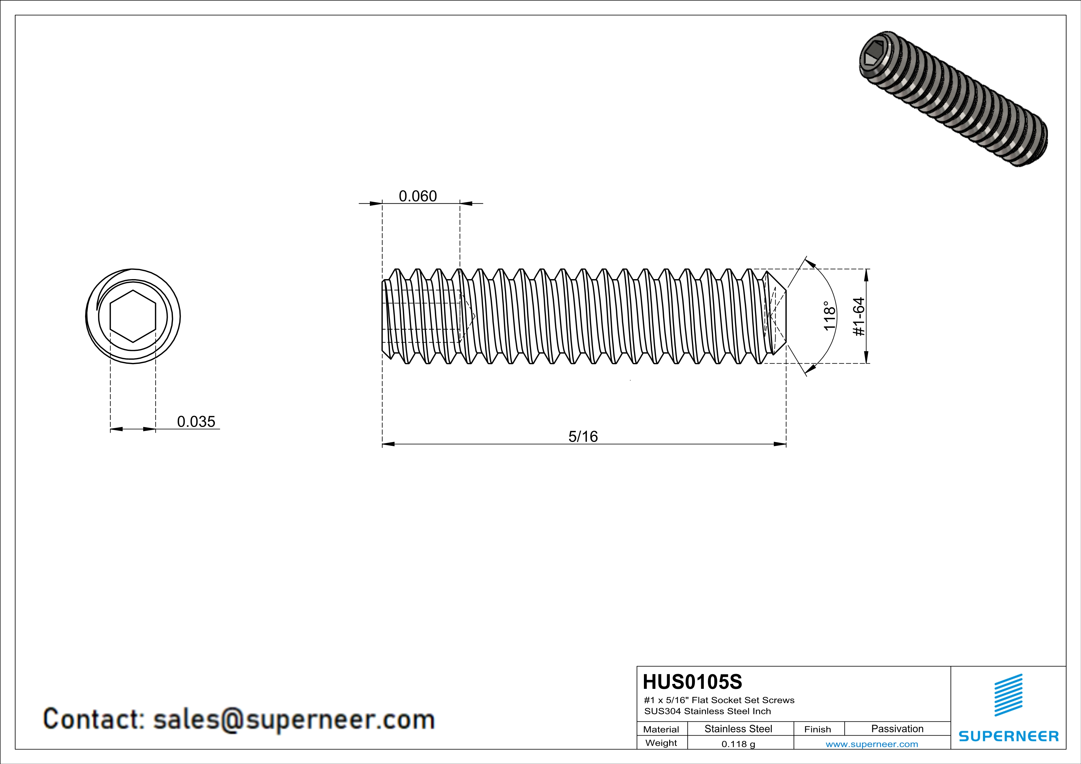 1 x 5/16" Socket Cup Point Set Screws SUS304 Stainless Steel Inox Inch