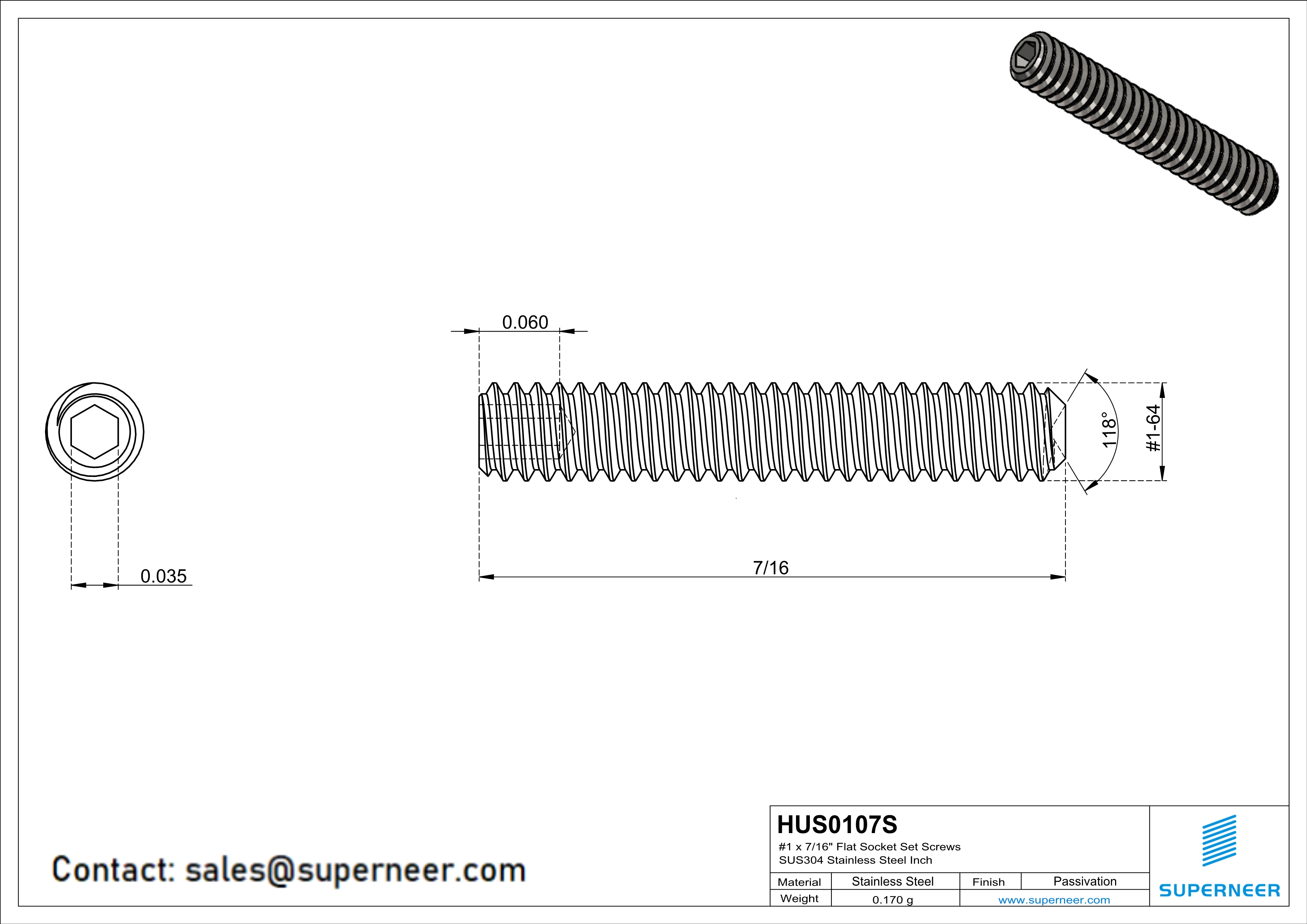 1 x 7/16" Socket Cup Point Set Screws SUS304 Stainless Steel Inox Inch