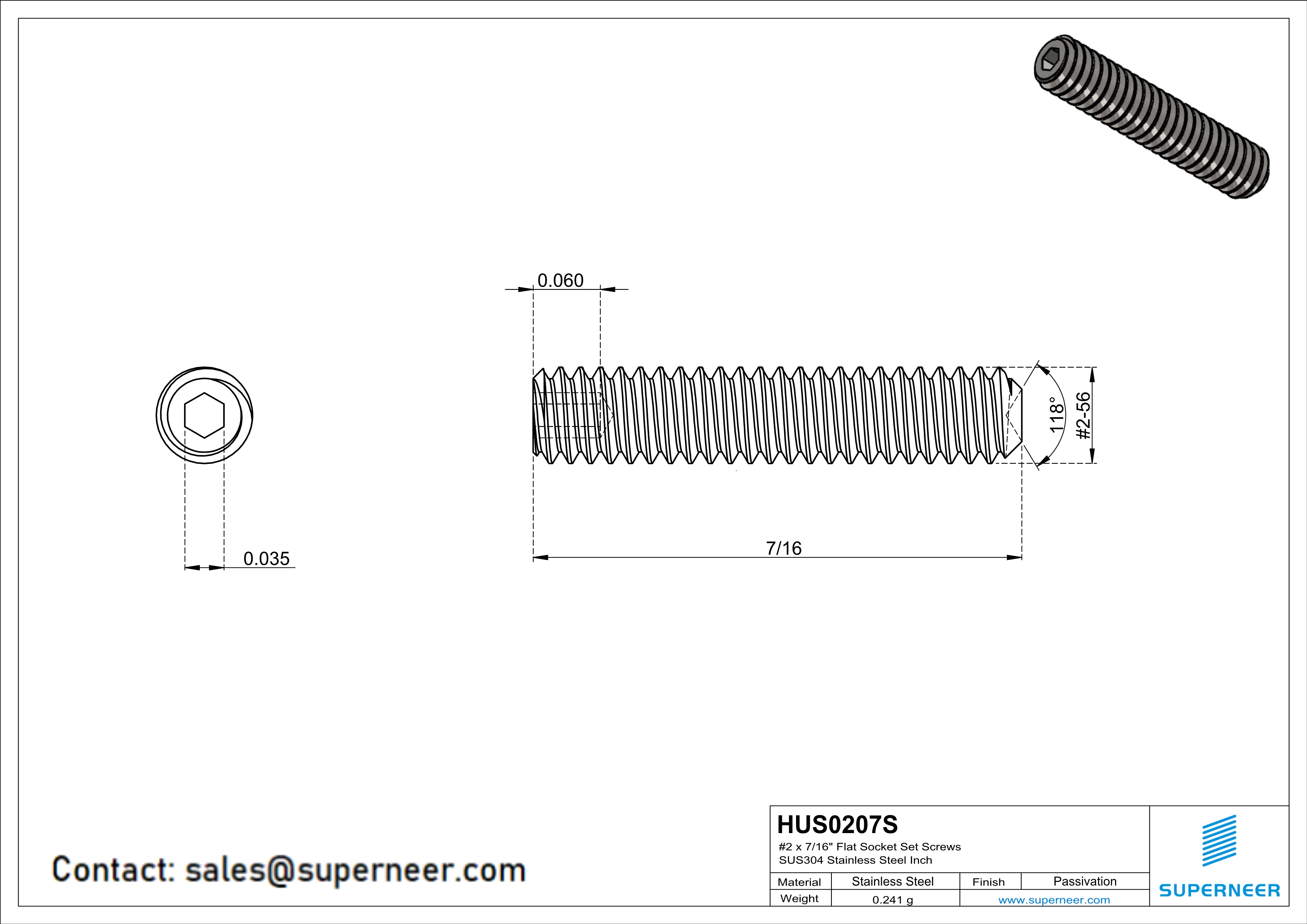 2 x 7/16" Socket Cup Point Set Screws SUS304 Stainless Steel Inox Inch