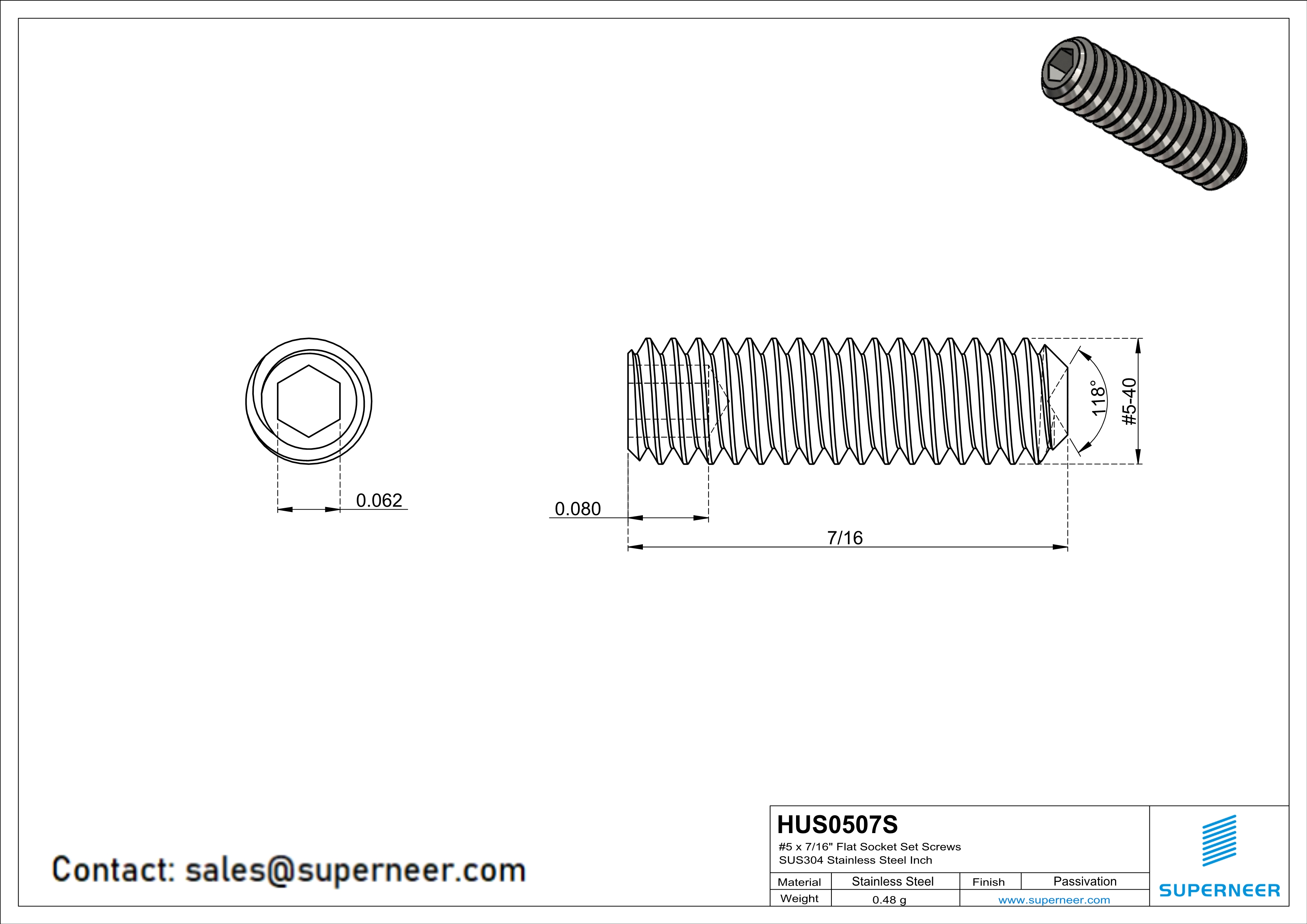 5 x 7/16" Socket Cup Point Set Screws SUS304 Stainless Steel Inox Inch
