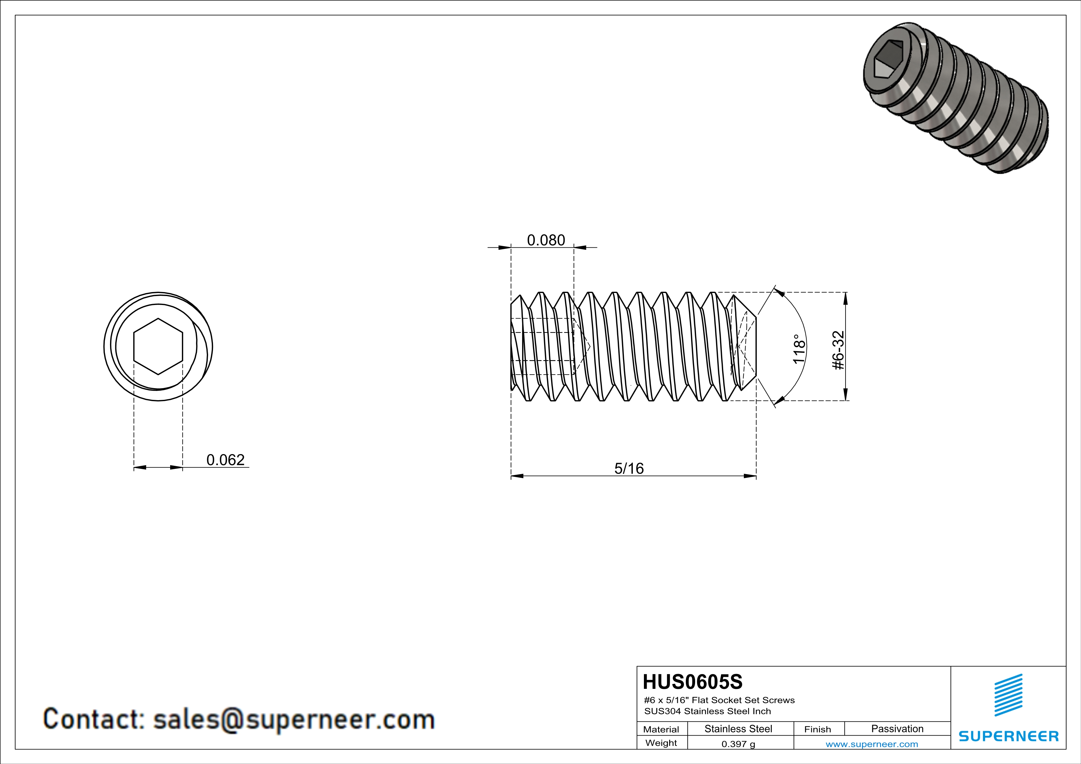 6 x 5/16" Socket Cup Point Set Screws SUS304 Stainless Steel Inox Inch