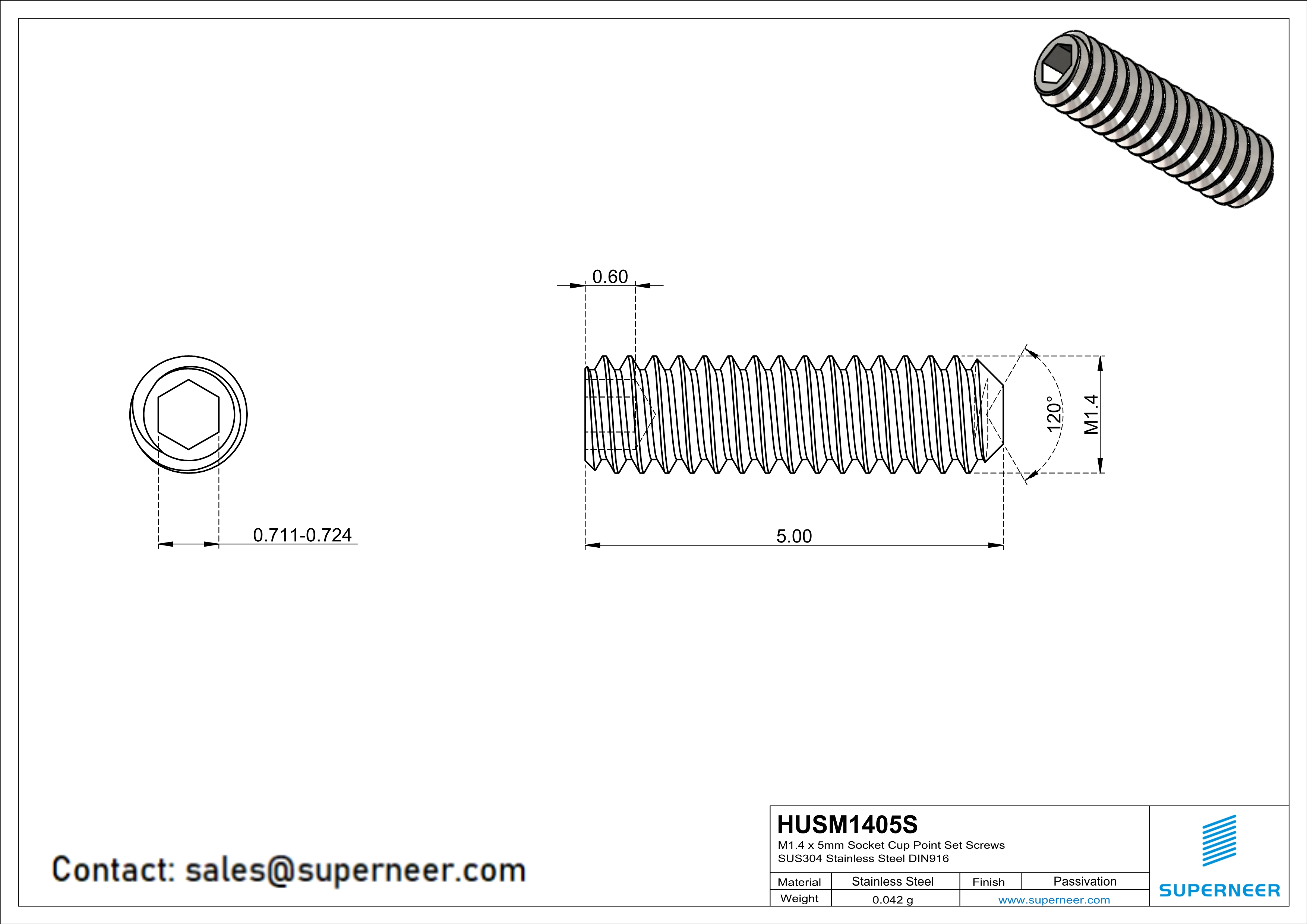 M1.4 x 5mm Socket Cup Point Set Screws SUS304 Stainless Steel Inox DIN916