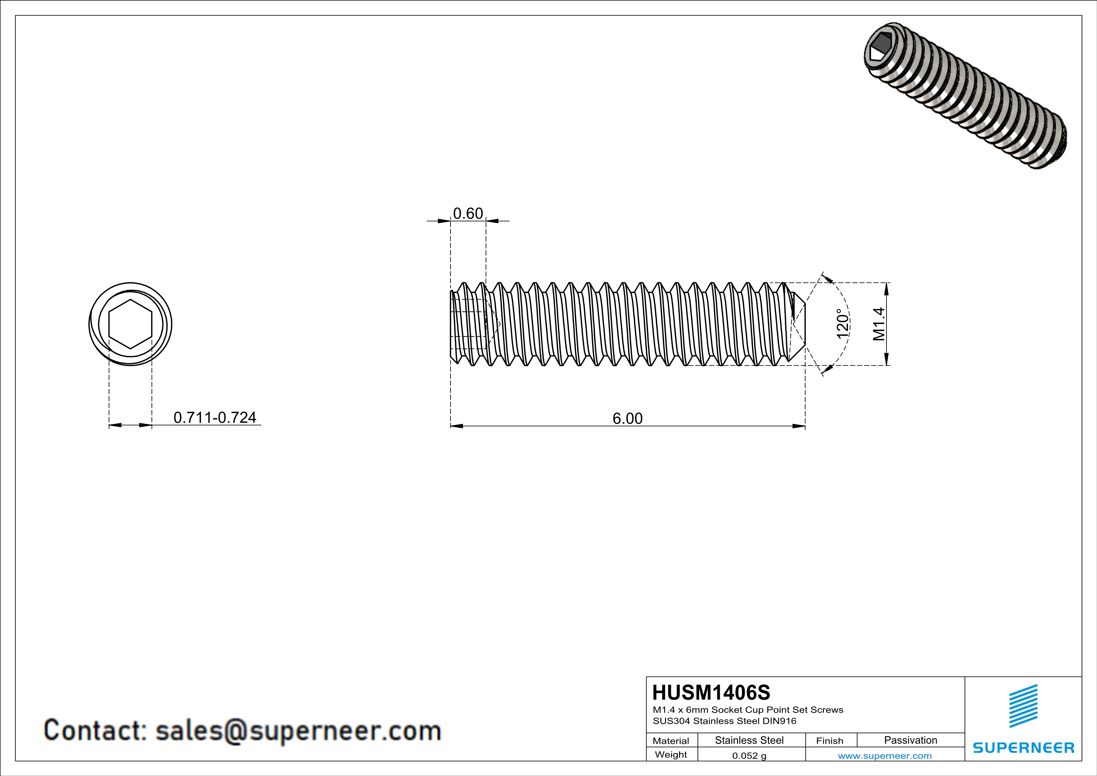 M1.4 x 6mm Socket Cup Point Set Screws SUS304 Stainless Steel Inox DIN916