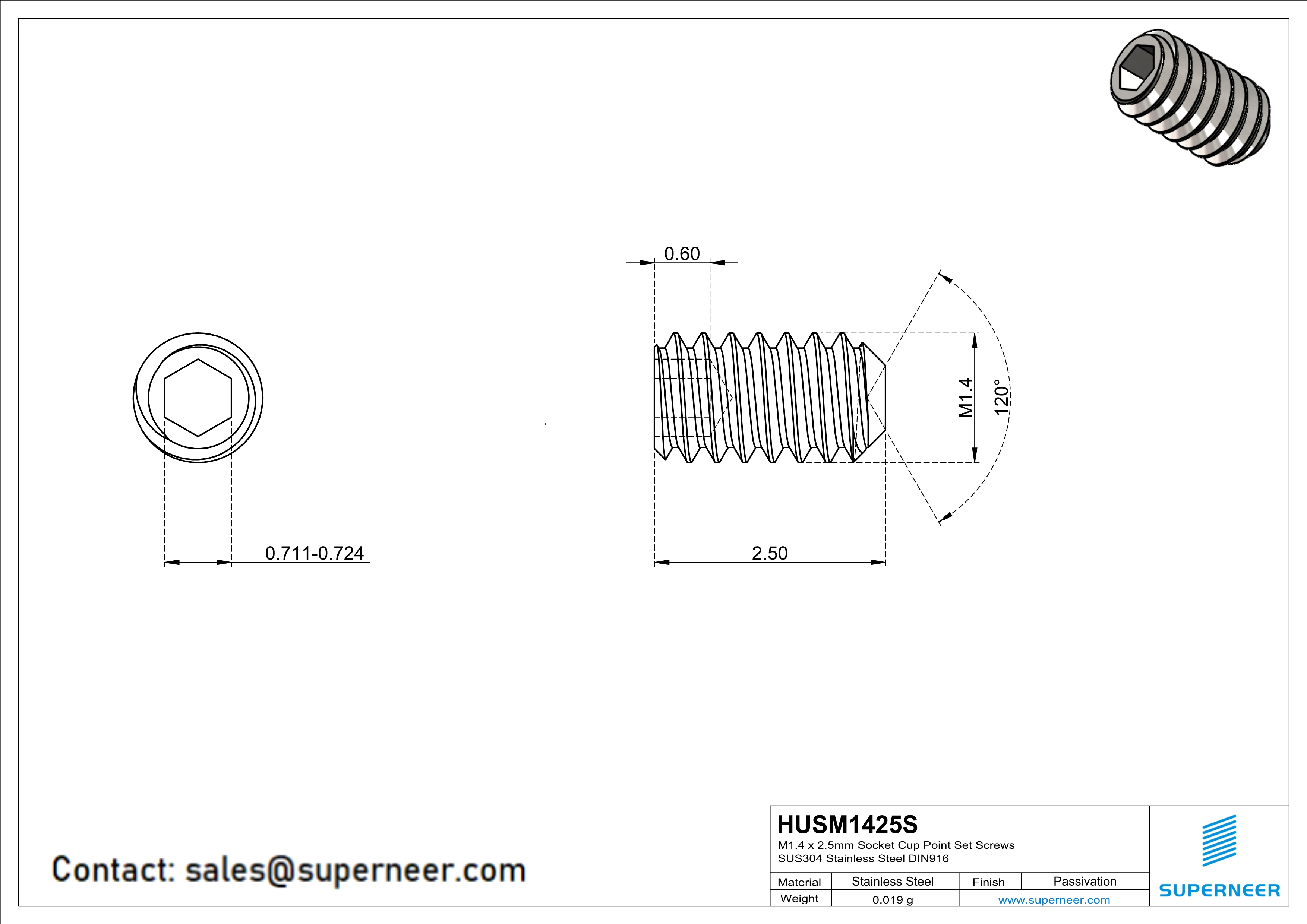 M1.4 x 2.5mm Socket Cup Point Set Screws SUS304 Stainless Steel Inox DIN916