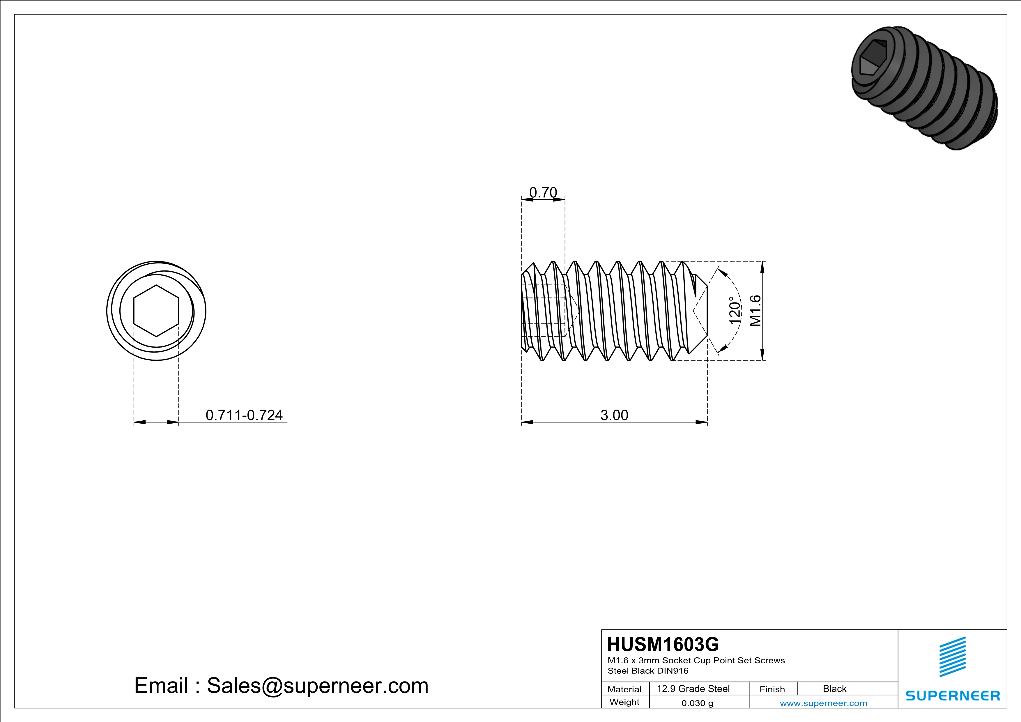 M1.6 x 3mm Socket Cup Point Set Screws 12.9 Carbon Steel Black DIN916