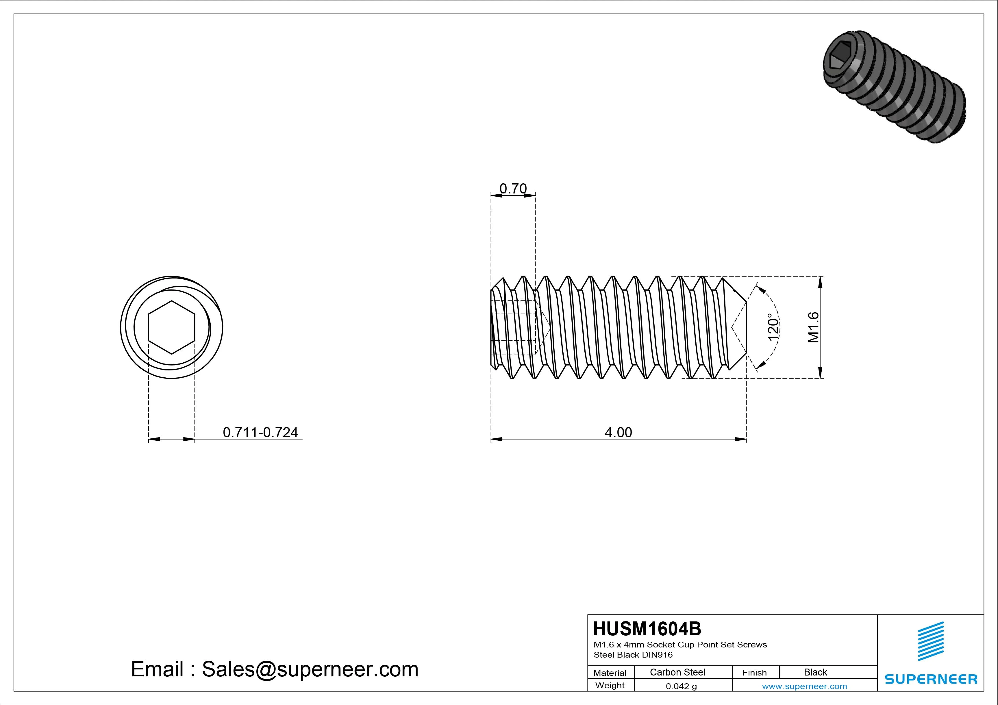 M1.6 x 4mm Socket Cup Point Set Screws Steel Black DIN916