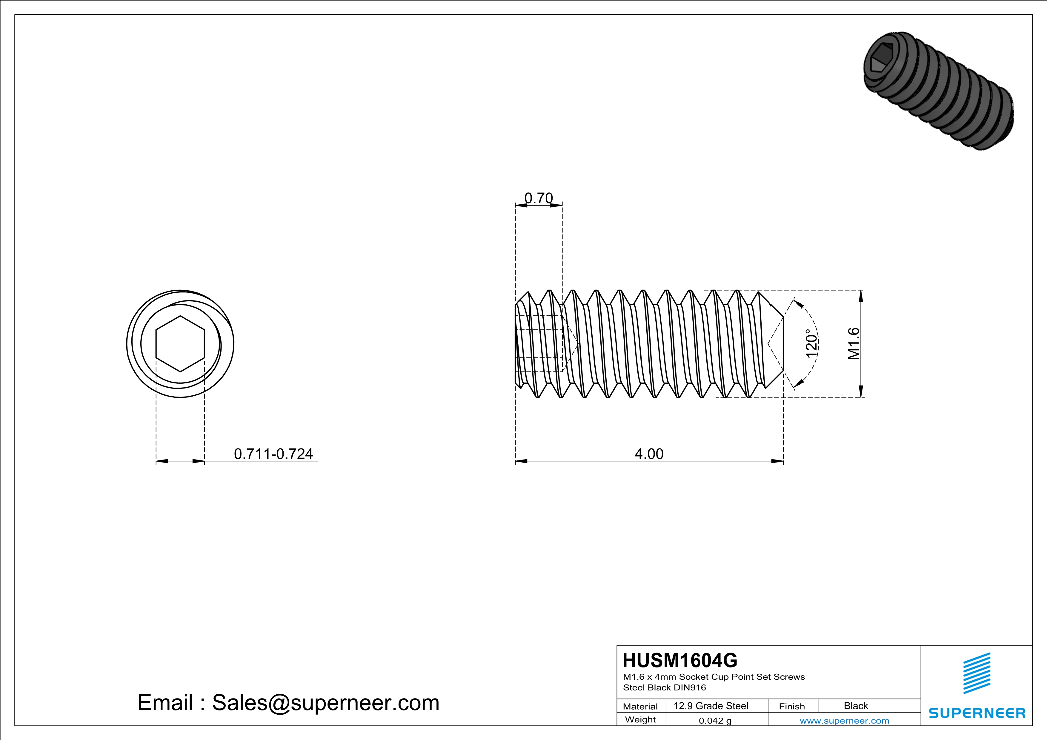 M1.6 x 4mm Socket Cup Point Set Screws 12.9 Carbon Steel Black DIN916