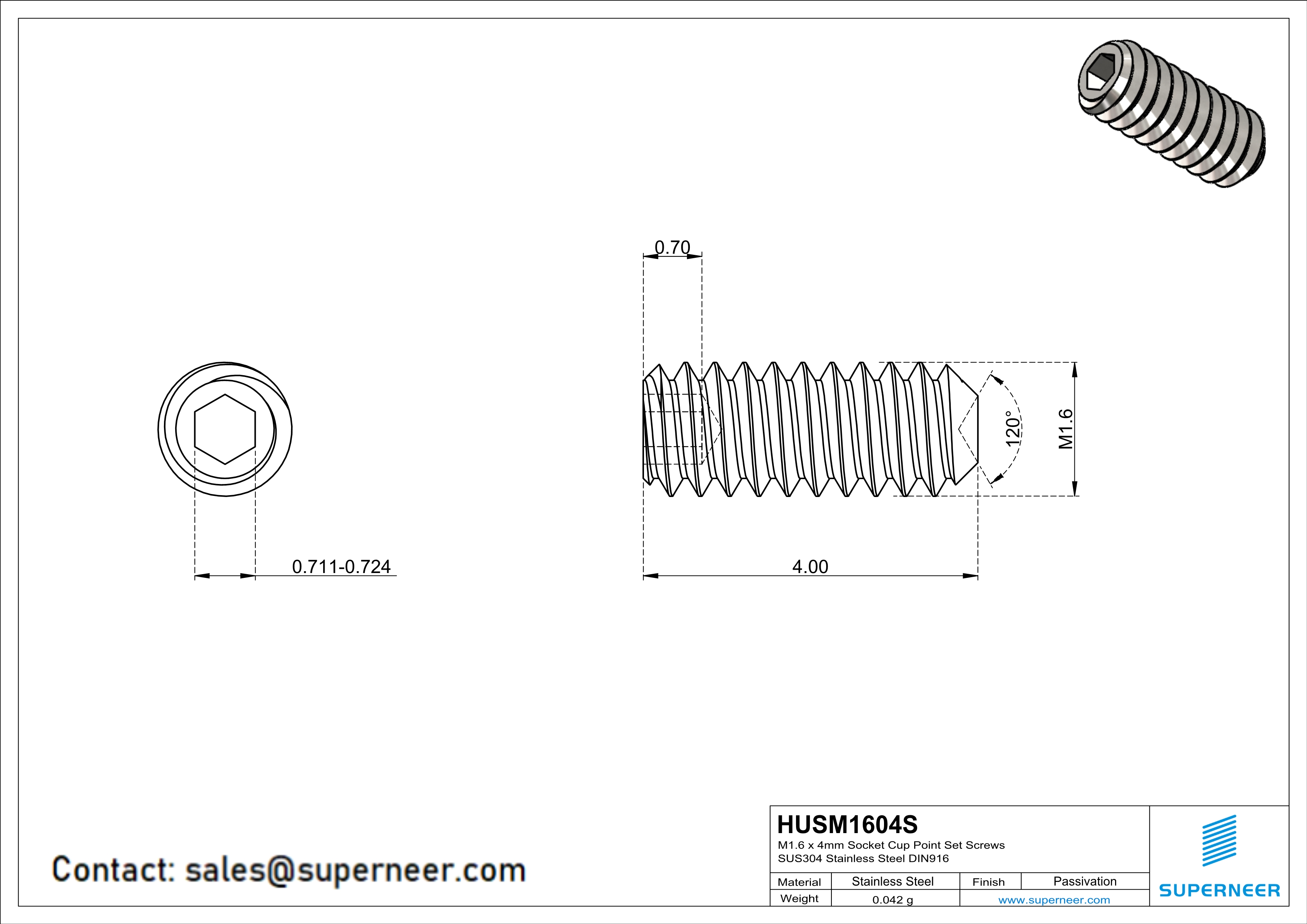 M1.6 x 4mm Socket Cup Point Set Screws SUS304 Stainless Steel Inox DIN916