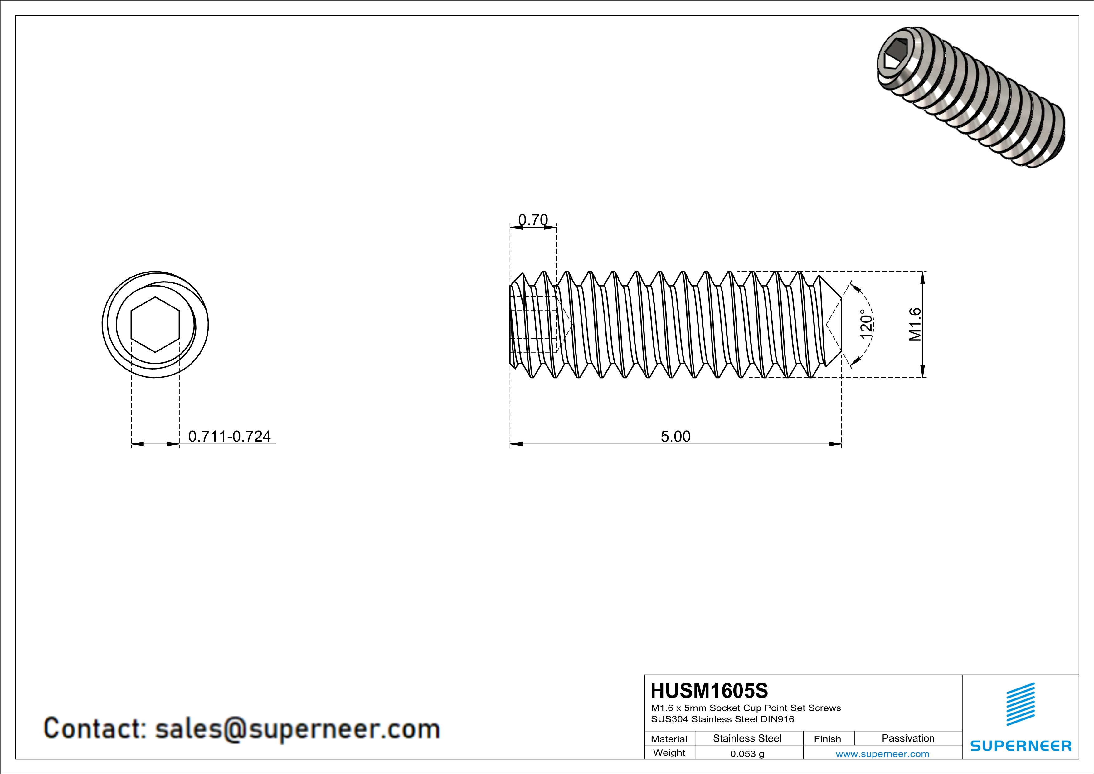 M1.6 x 5mm Socket Cup Point Set Screws SUS304 Stainless Steel Inox DIN916