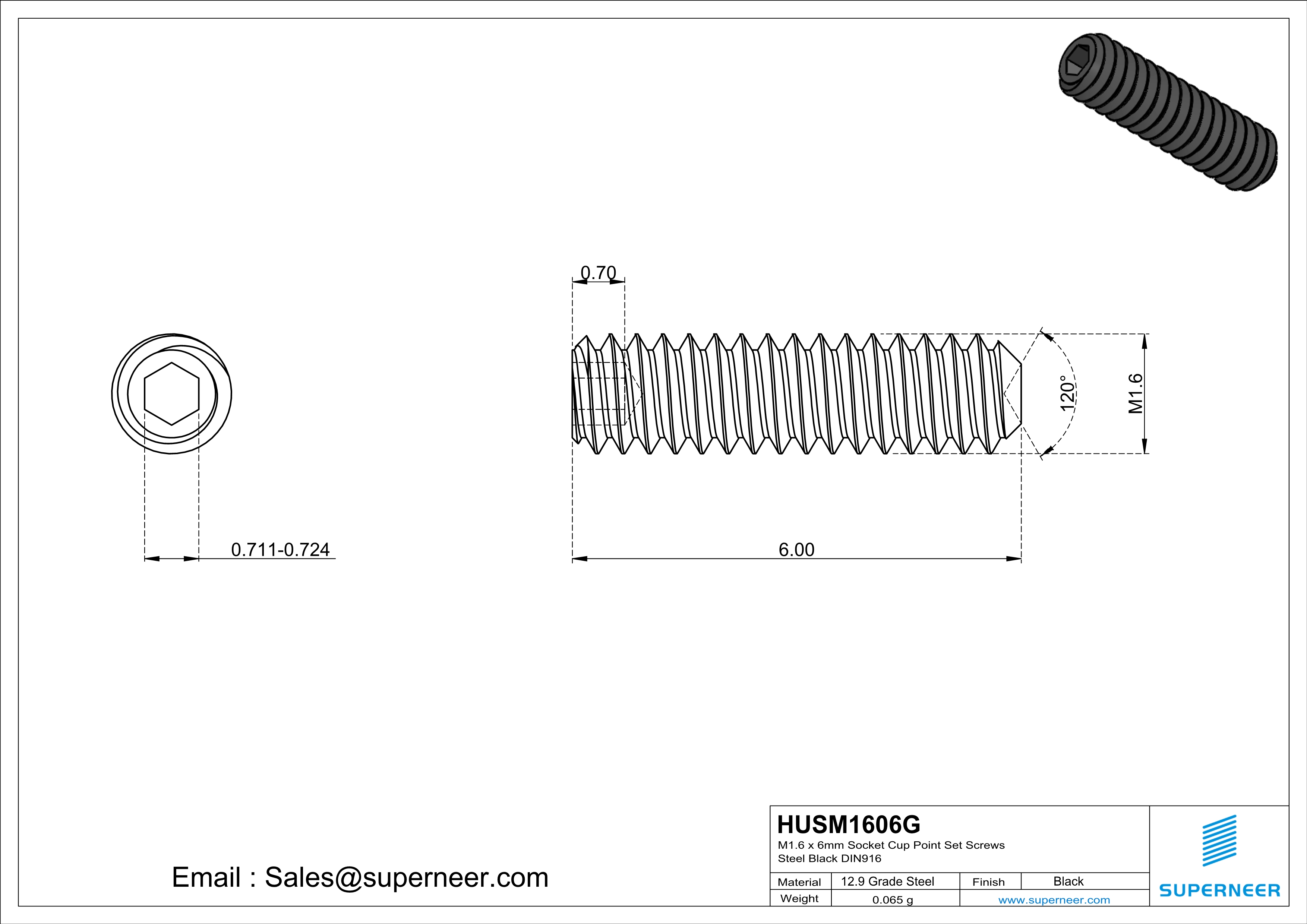 M1.6 x 6mm Socket Cup Point Set Screws 12.9 Carbon Steel Black DIN916