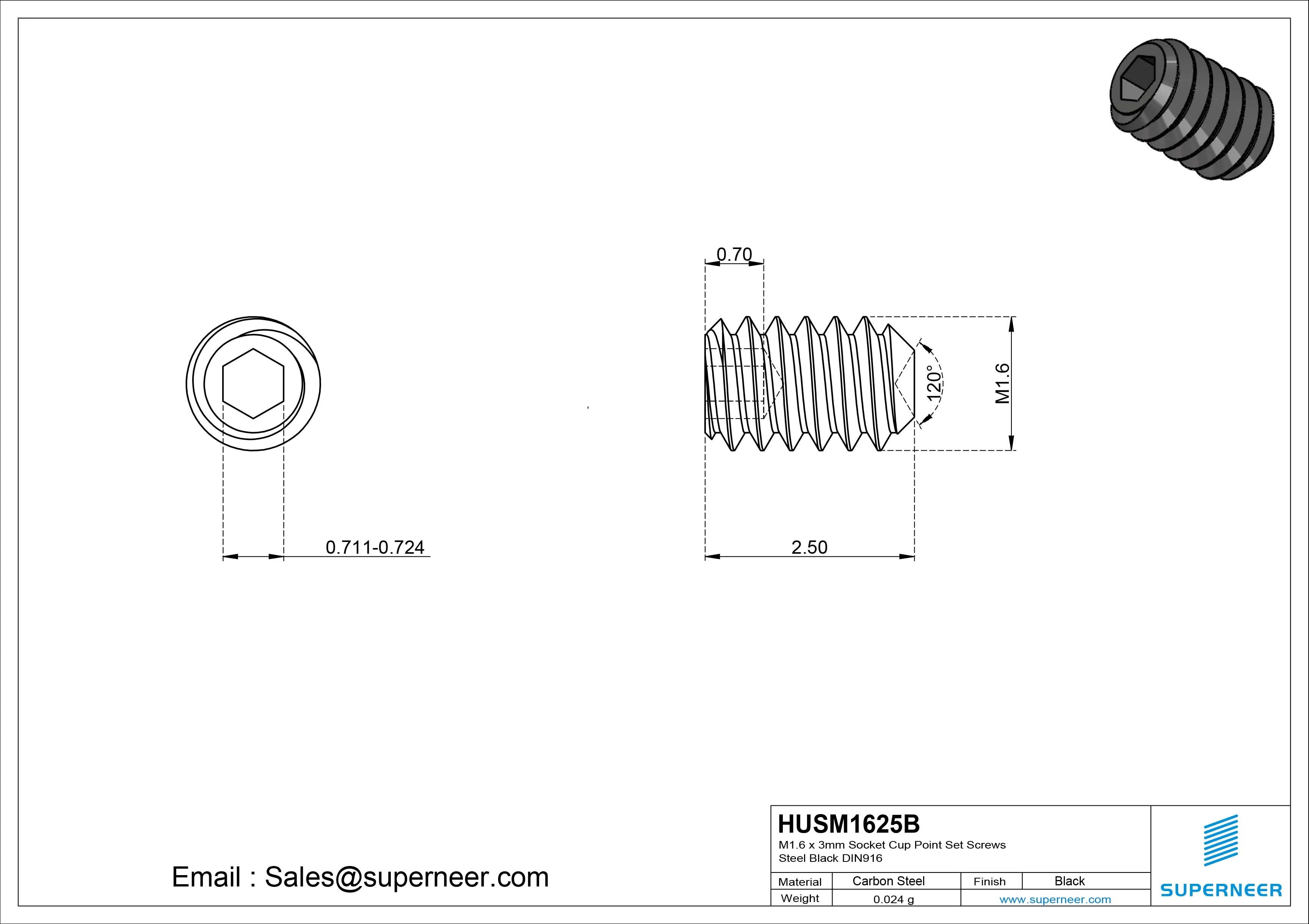 M1.6 x 2.5mm Socket Cup Point Set Screws Steel Black DIN916