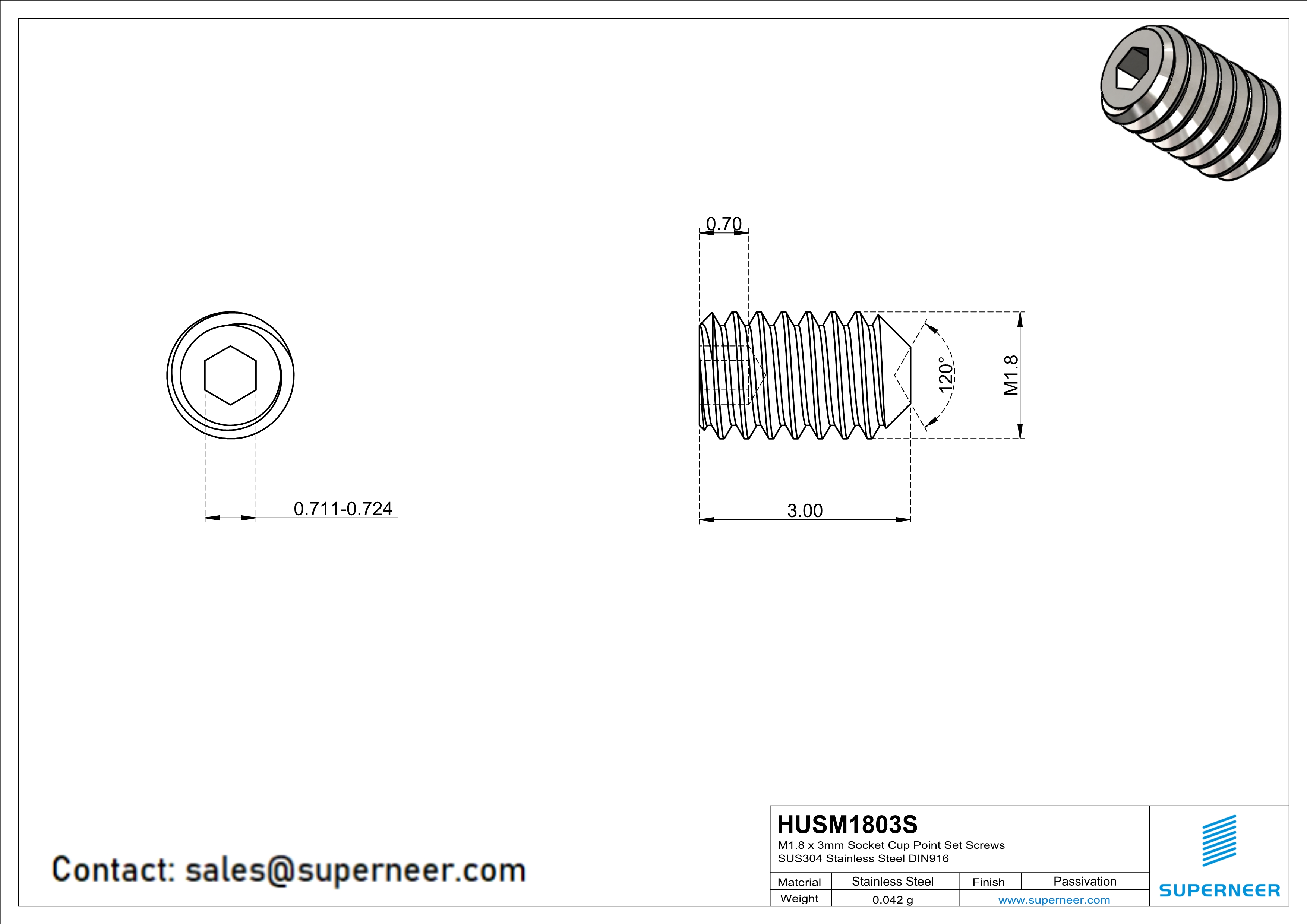 M1.8 x 3mm Socket Cup Point Set Screws SUS304 Stainless Steel Inox DIN916