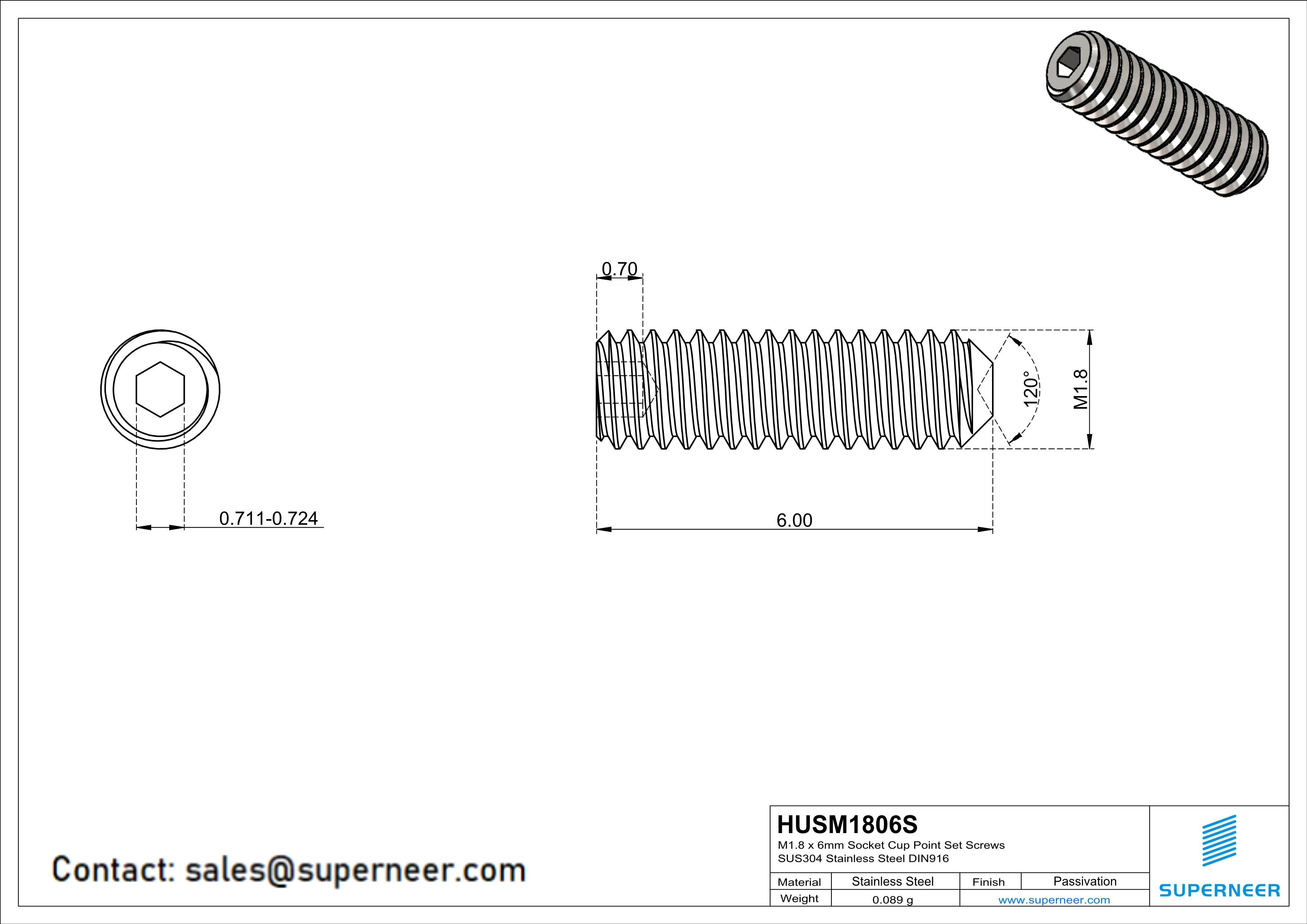 M1.8 x 6mm Socket Cup Point Set Screws SUS304 Stainless Steel Inox DIN916