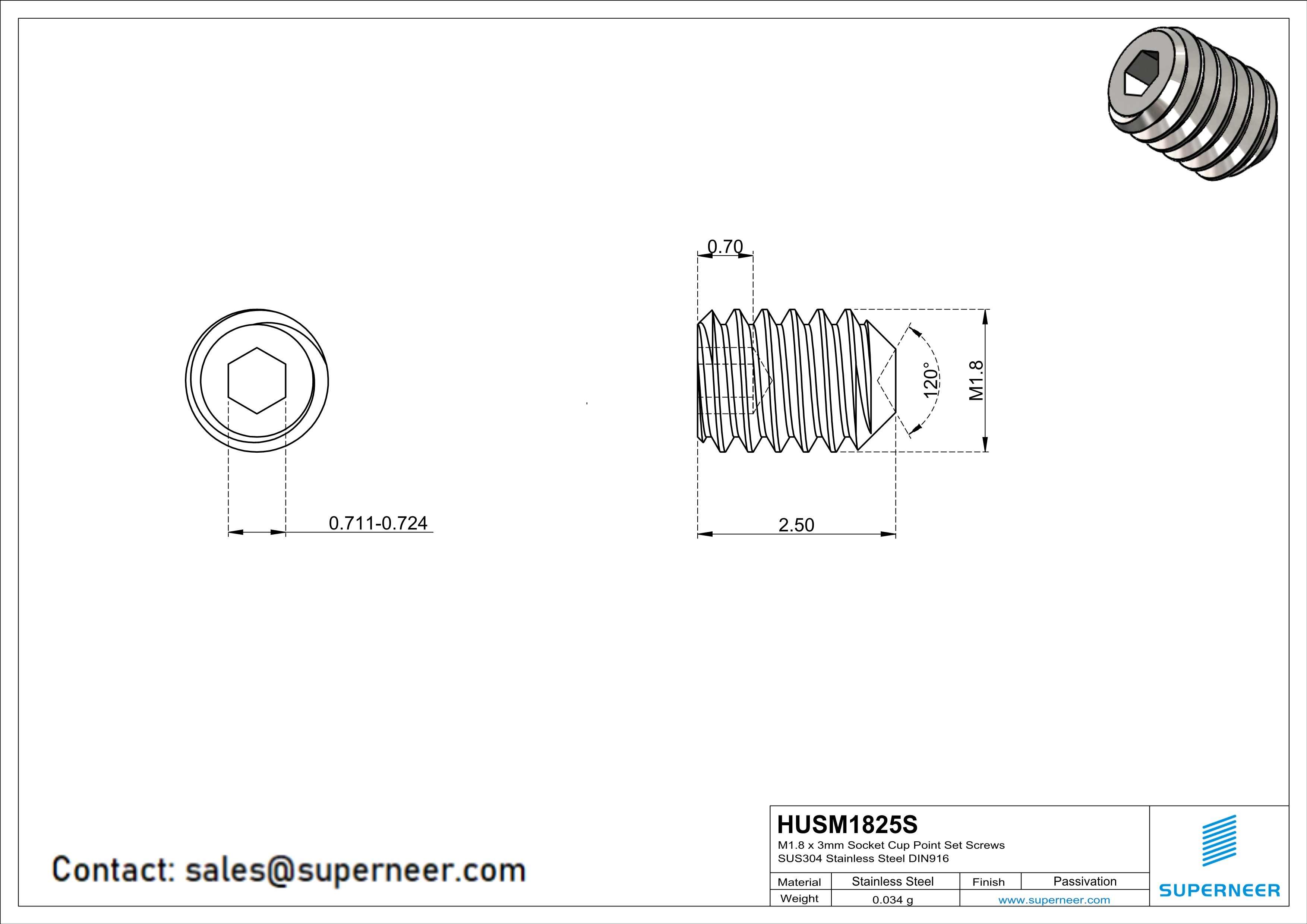 M1.8 x 2.5mm Socket Cup Point Set Screws SUS304 Stainless Steel Inox DIN916