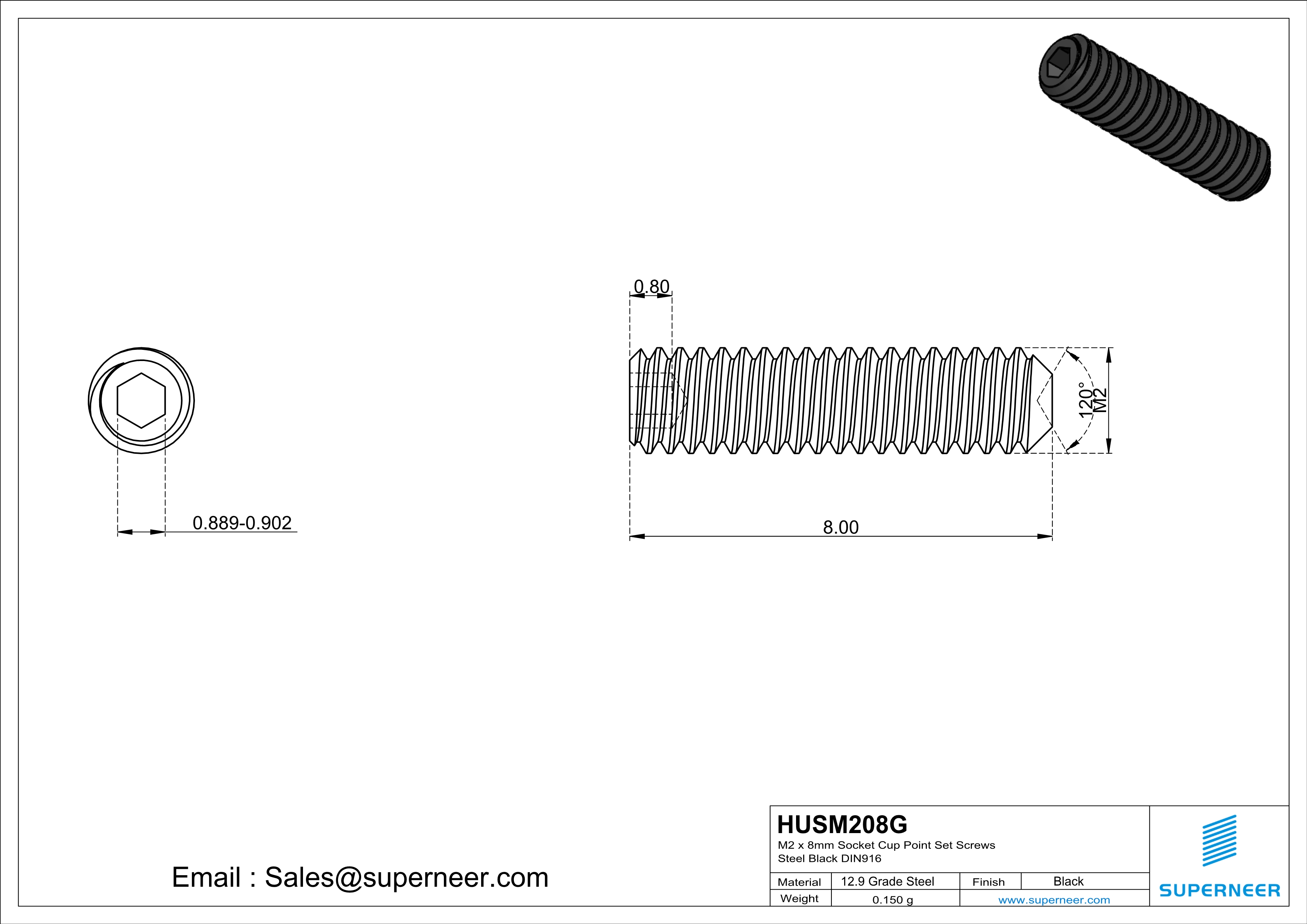 M2 x 8mm Socket Cup Point Set Screws 12.9 Carbon Steel Black DIN916