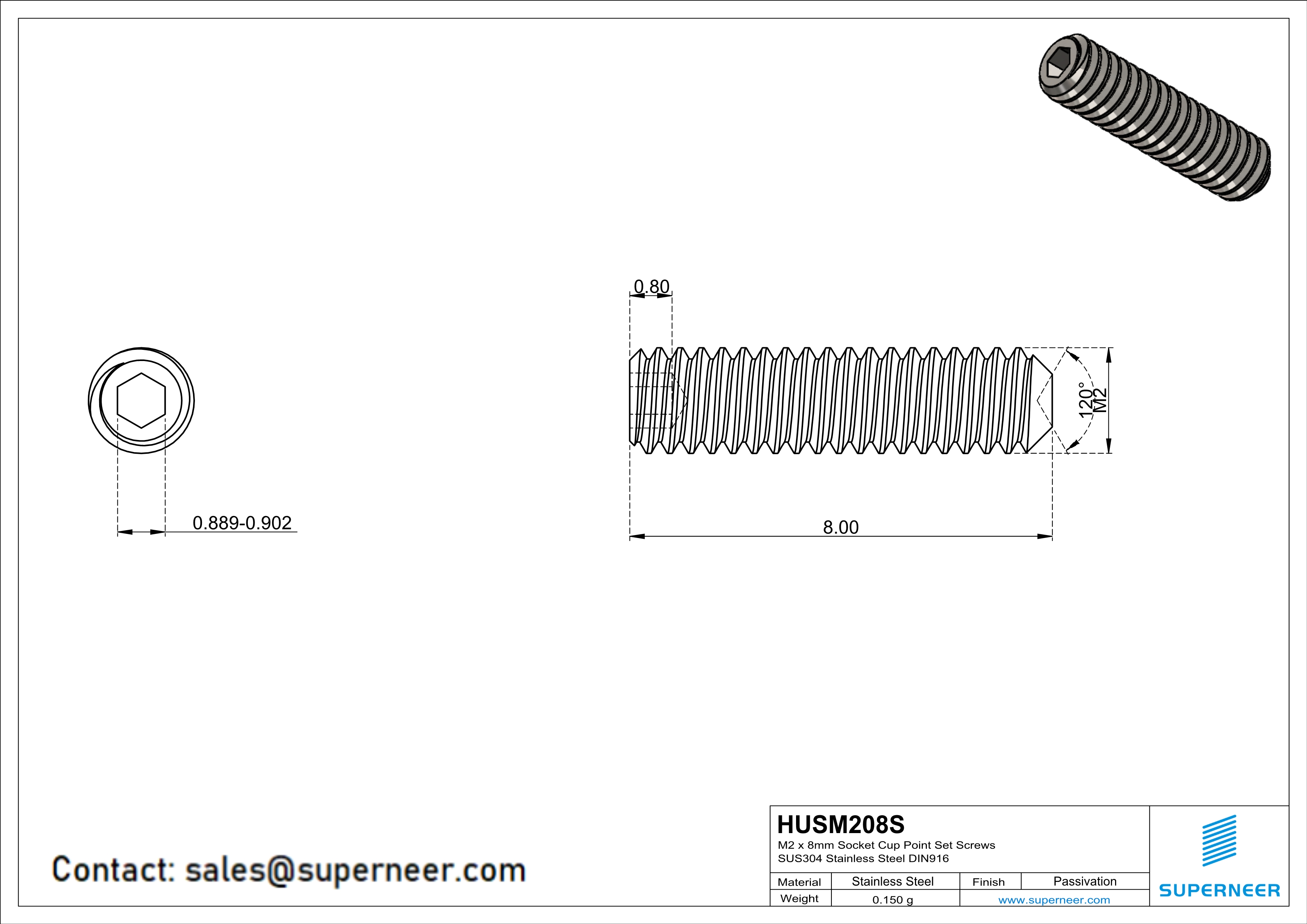 M2 x 8mm Socket Cup Point Set Screws SUS304 Stainless Steel Inox DIN916