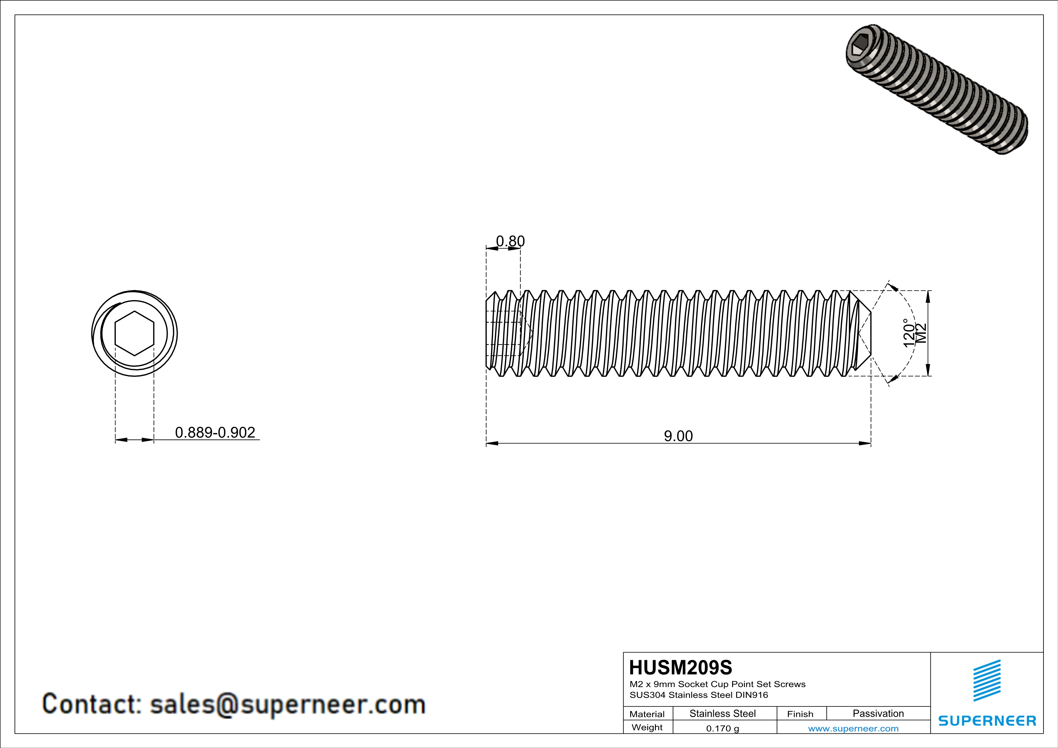 M2 x 9mm Socket Cup Point Set Screws SUS304 Stainless Steel Inox DIN916