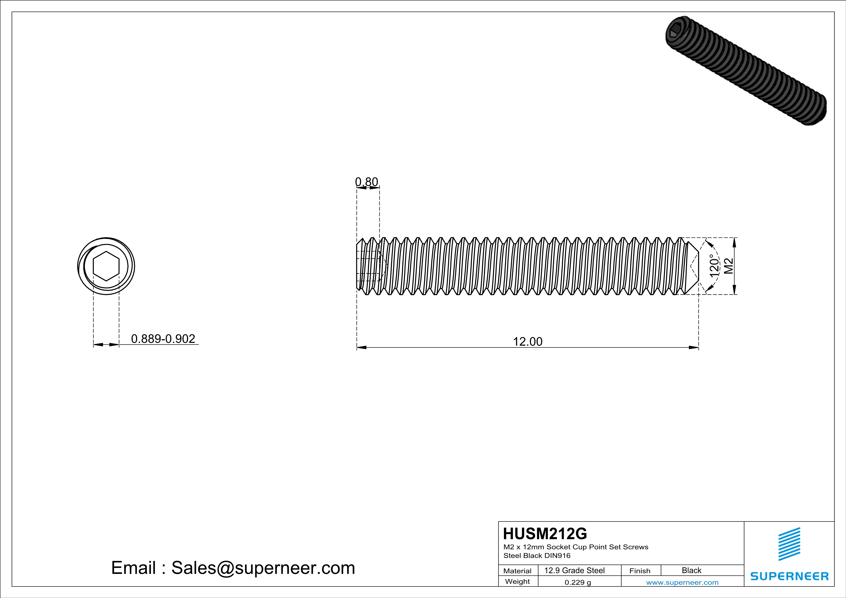 M2 x 12mm Socket Cup Point Set Screws 12.9 Carbon Steel Black DIN916