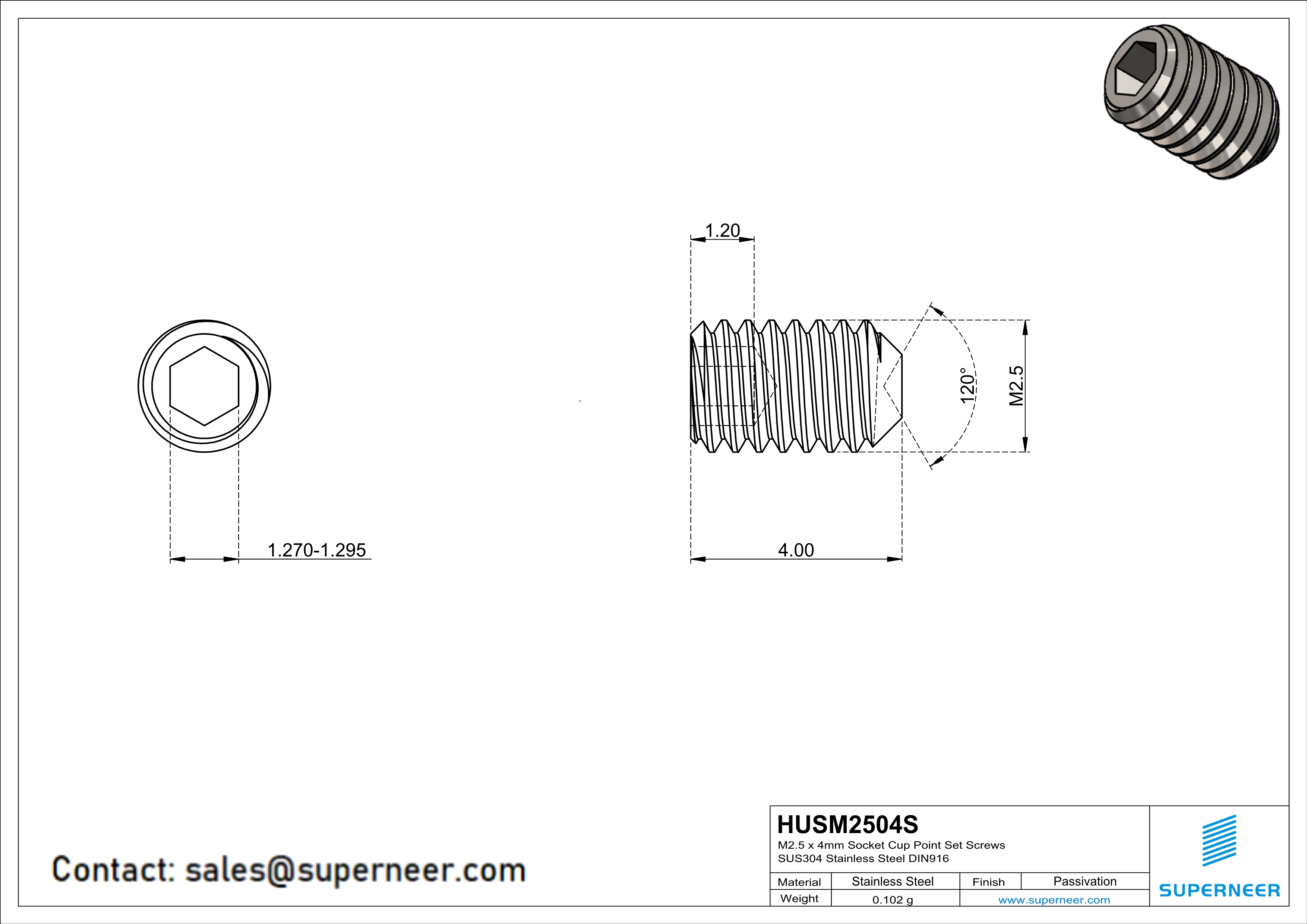 M2.5 x 4mm Socket Cup Point Set Screws SUS304 Stainless Steel Inox DIN916