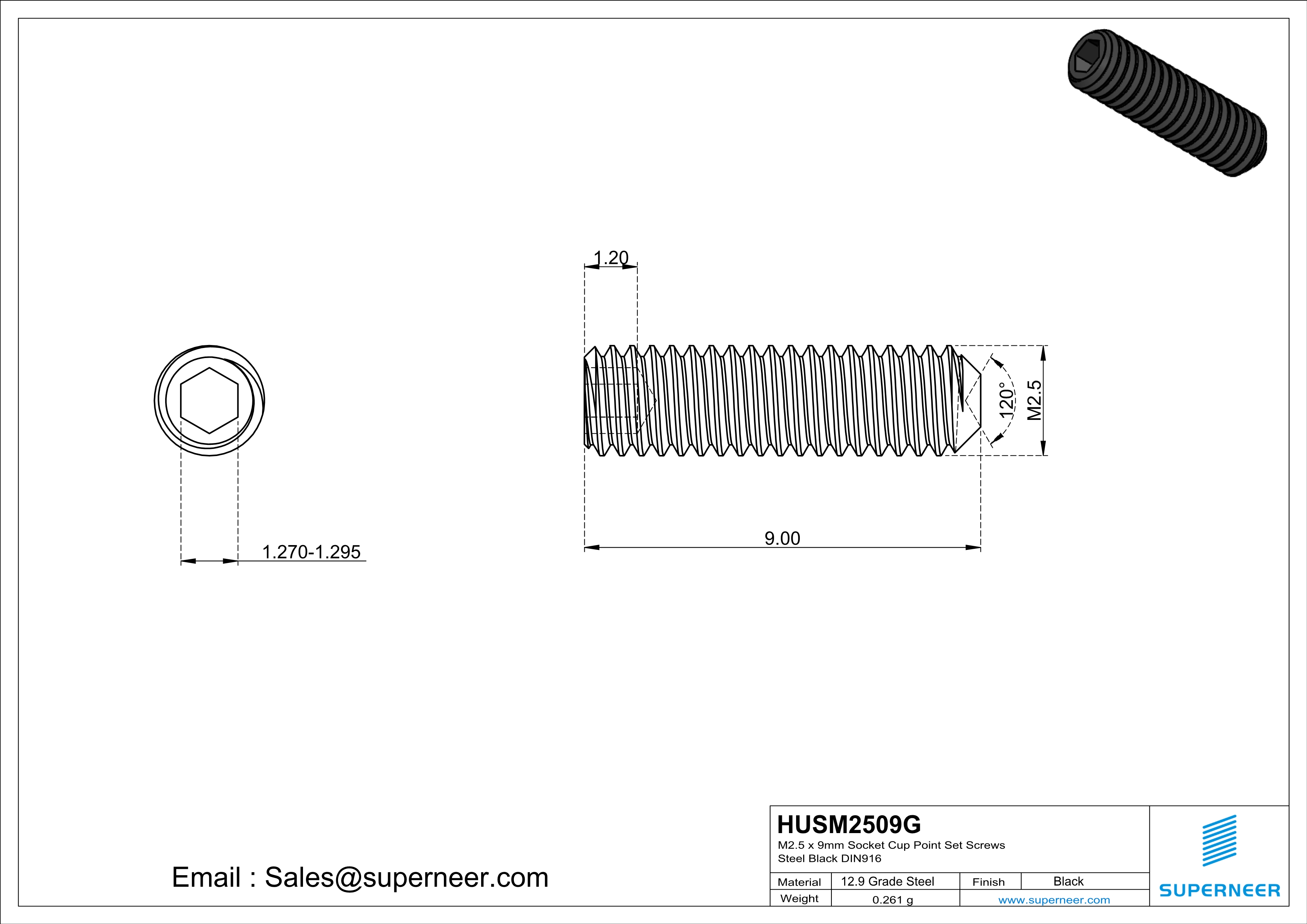 M2.5 x 9mm Socket Cup Point Set Screws 12.9 Carbon Steel Black DIN916