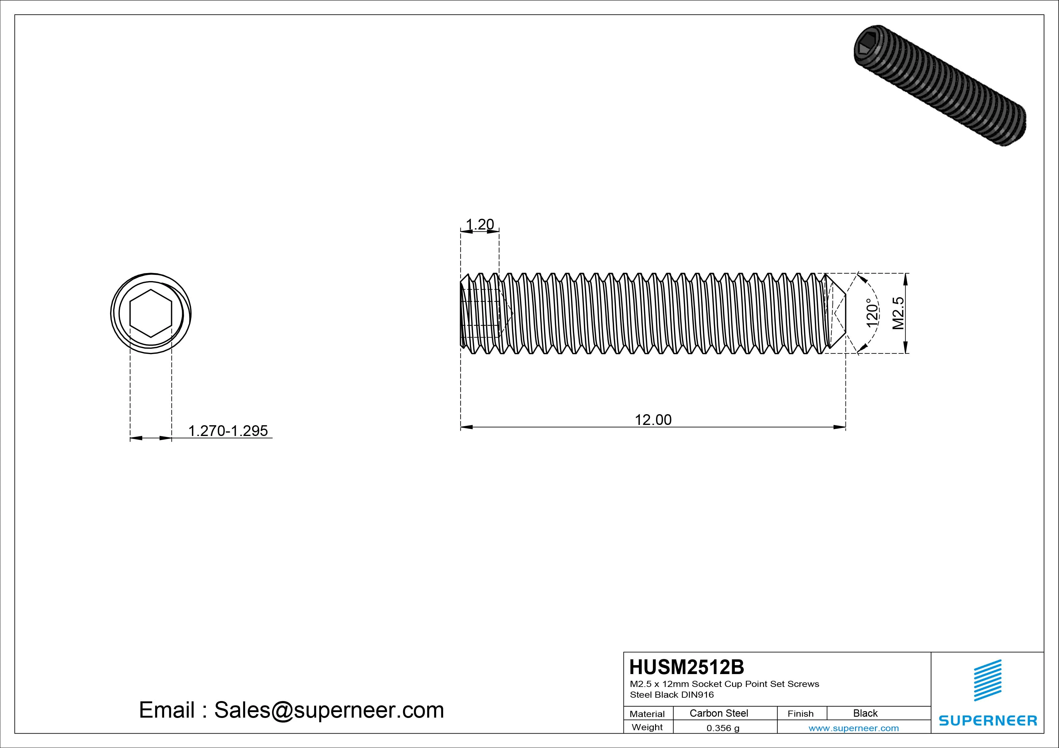 M2.5 x 12mm Socket Cup Point Set Screws Steel Black DIN916