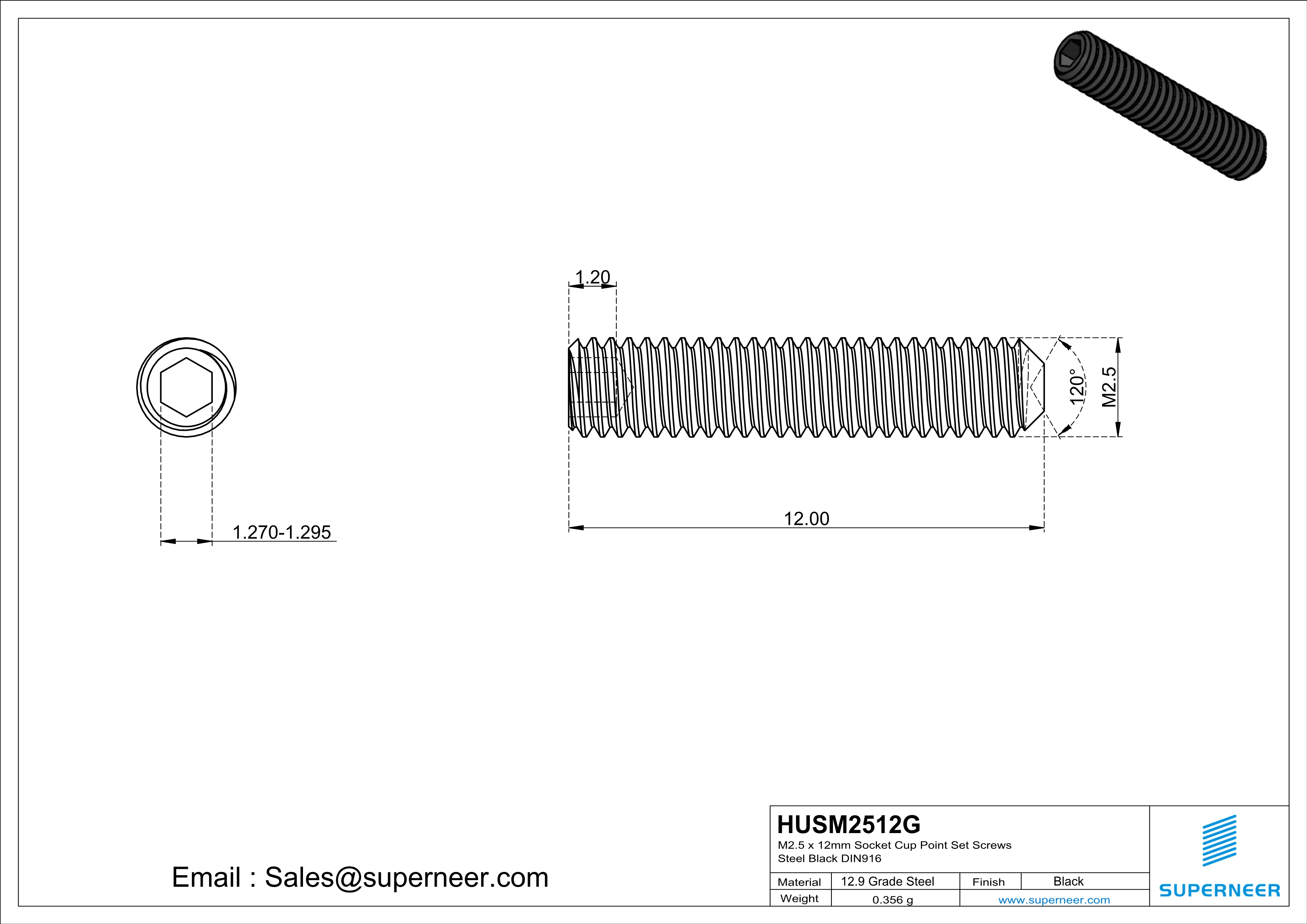 M2.5 x 12mm Socket Cup Point Set Screws 12.9 Carbon Steel Black DIN916