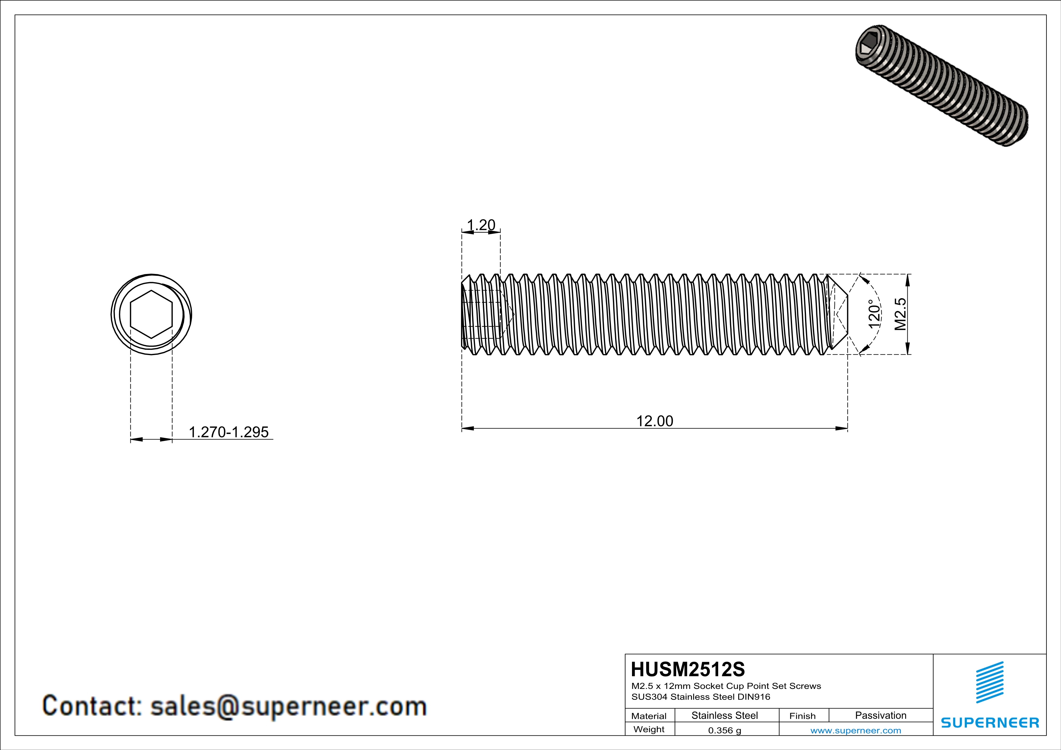 M2.5 x 12mm Socket Cup Point Set Screws SUS304 Stainless Steel Inox DIN916