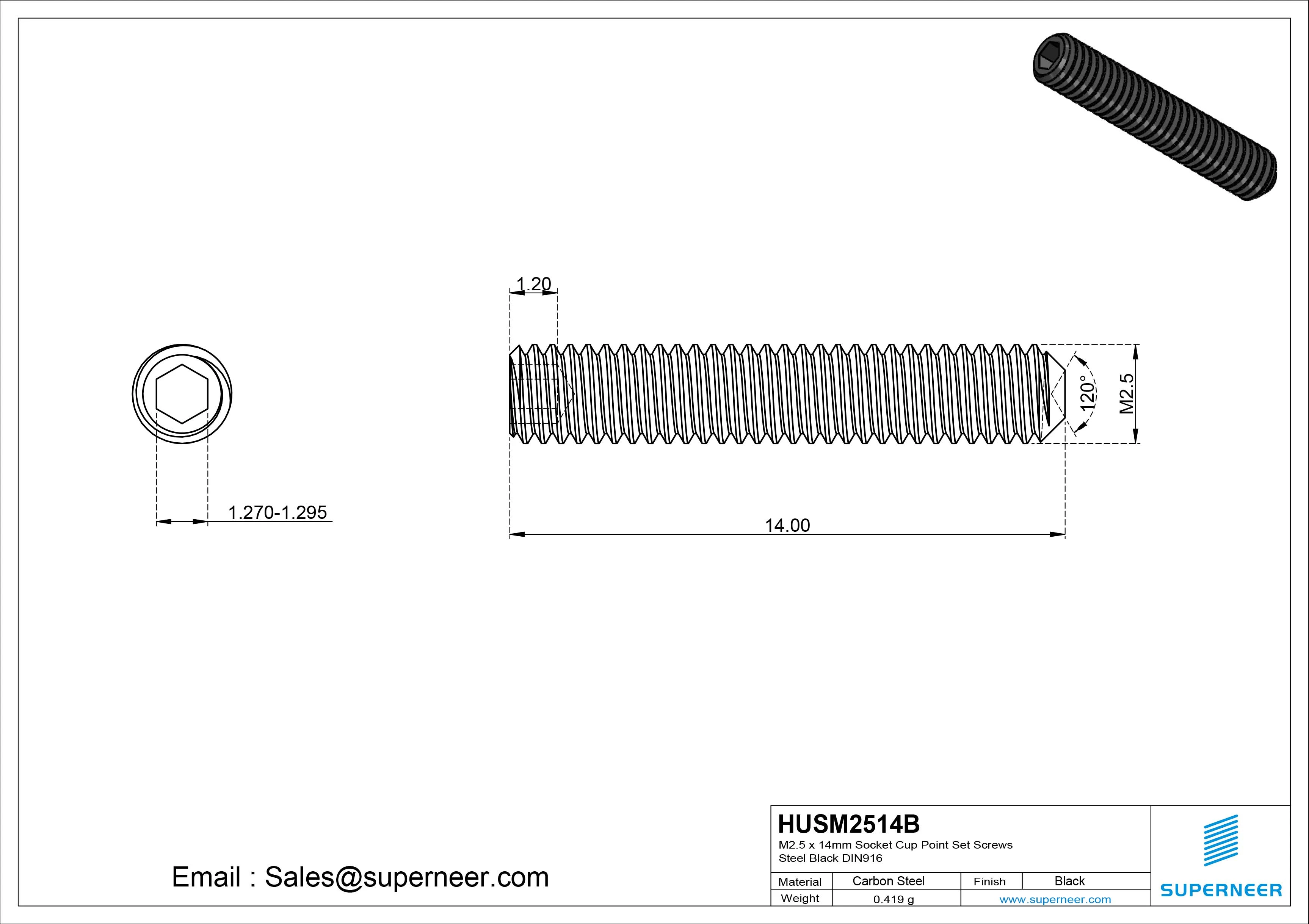 M2.5 x 14mm Socket Cup Point Set Screws Steel Black DIN916