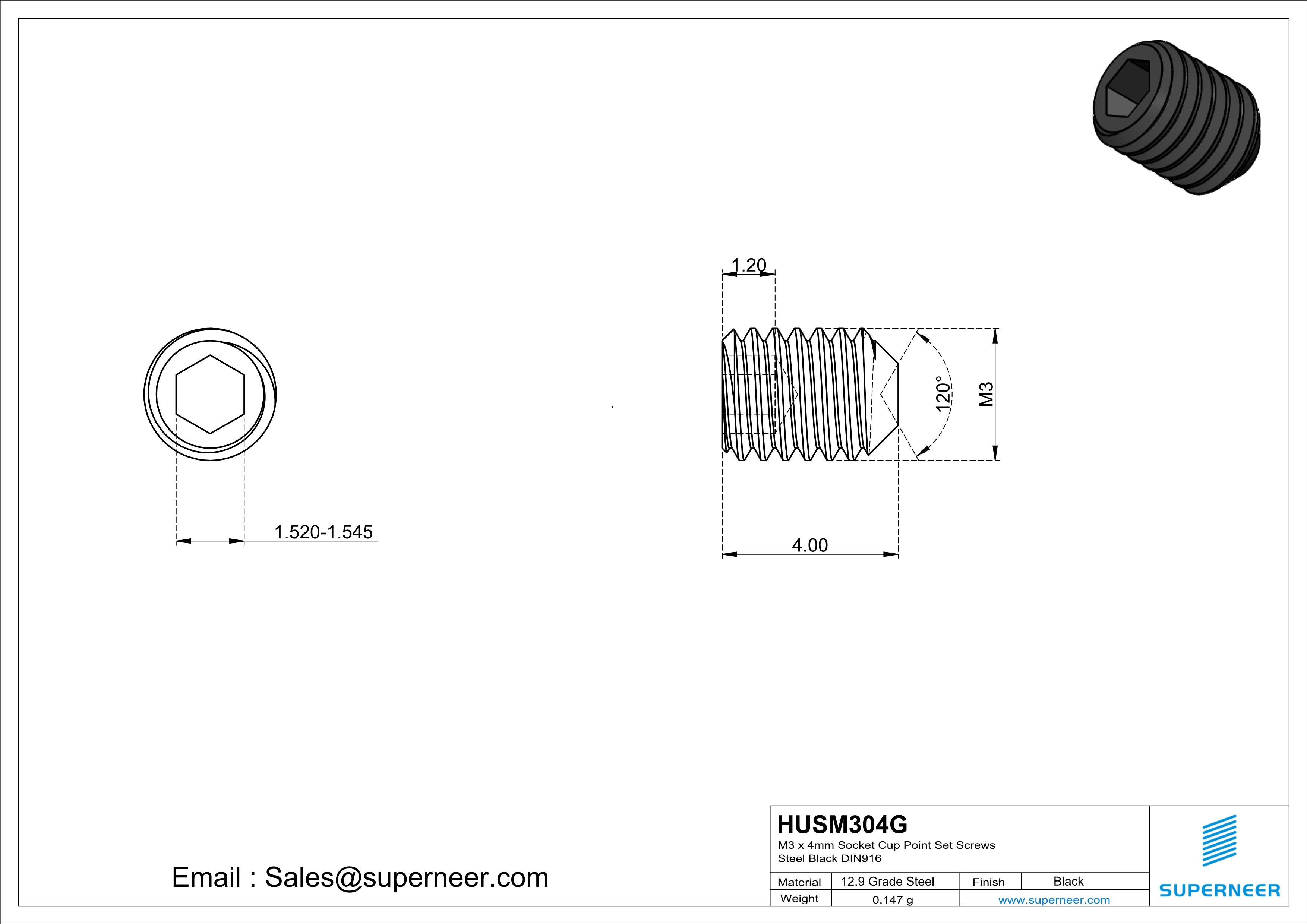 M3 x 4mm Socket Cup Point Set Screws 12.9 Carbon Steel Black DIN916