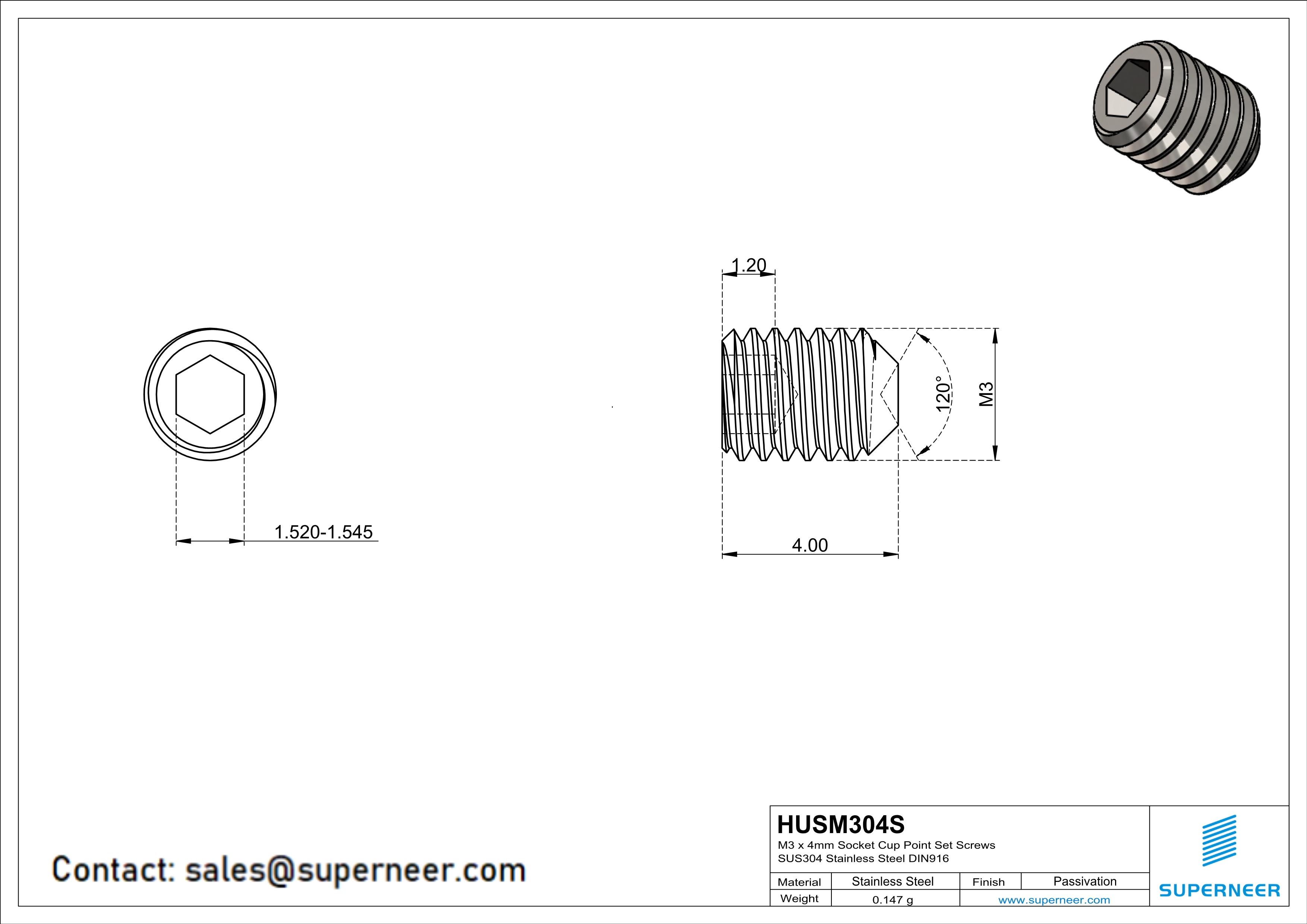 M3 x 4mm Socket Cup Point Set Screws SUS304 Stainless Steel Inox DIN916