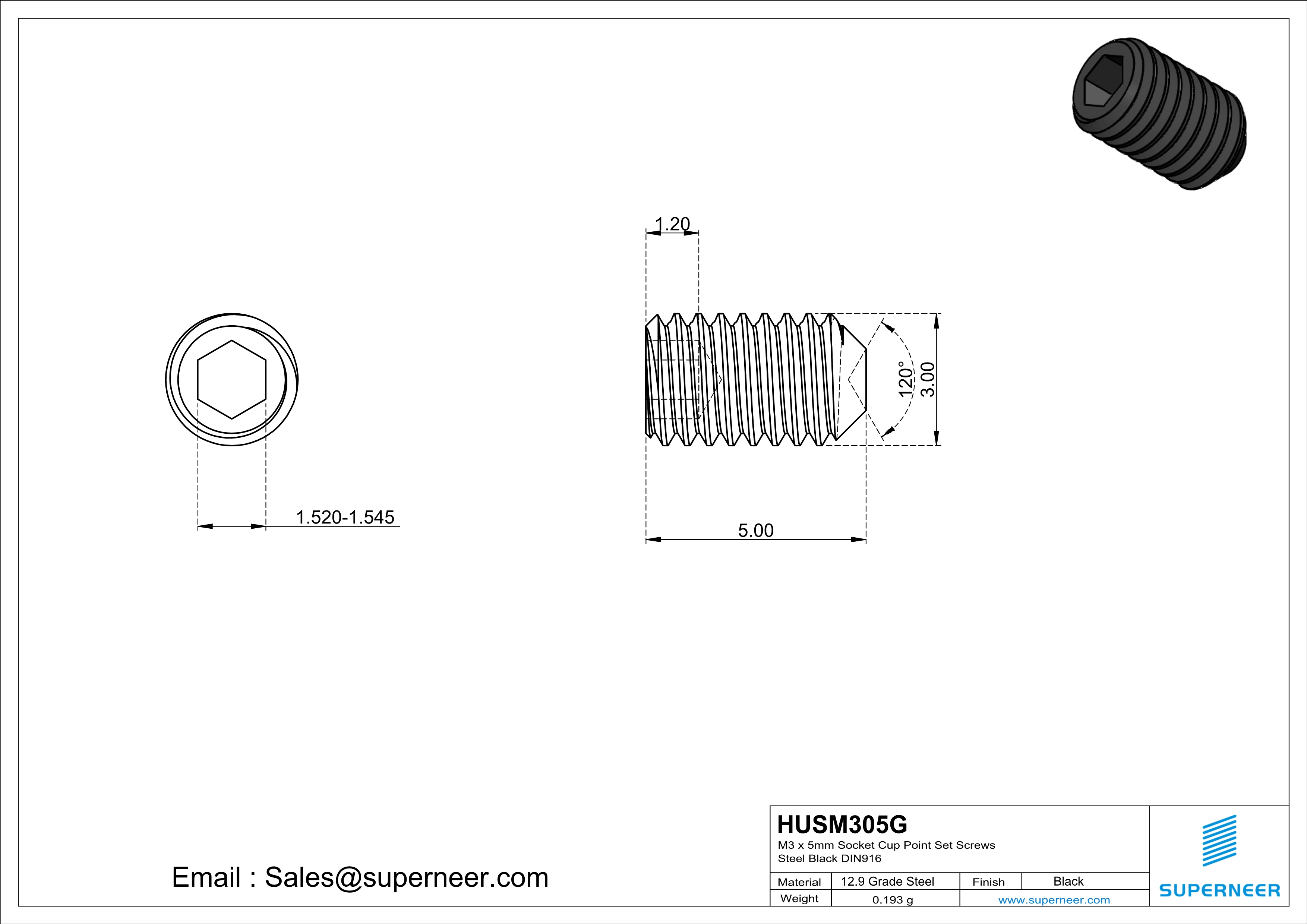 M3 x 5mm Socket Cup Point Set Screws 12.9 Carbon Steel Black DIN916