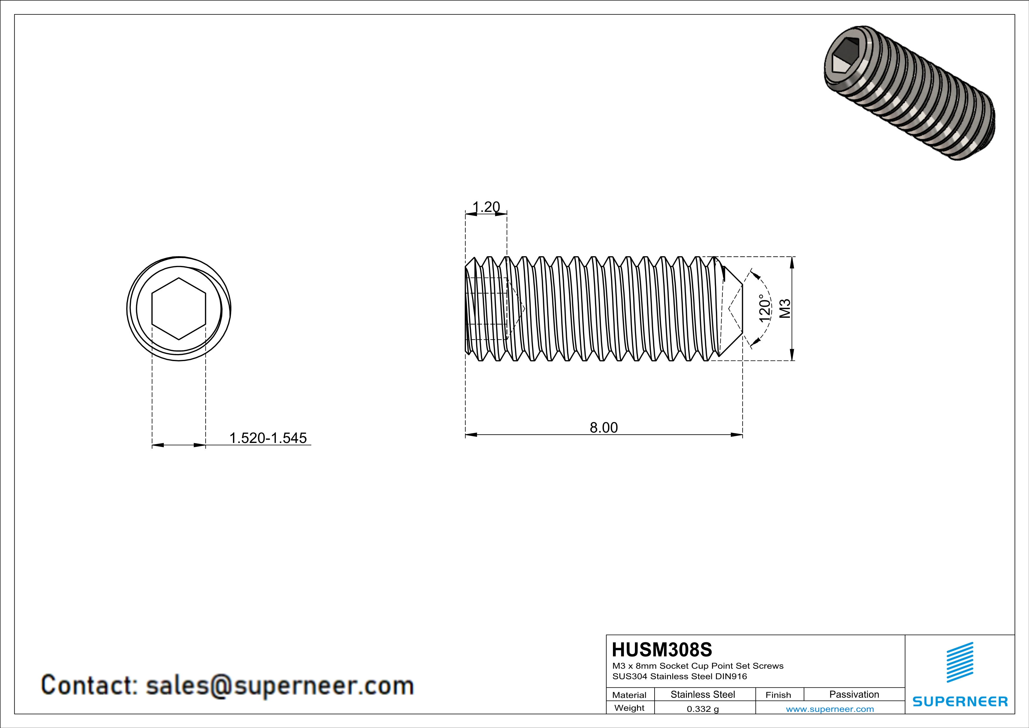 M3 x 8mm Socket Cup Point Set Screws SUS304 Stainless Steel Inox DIN916