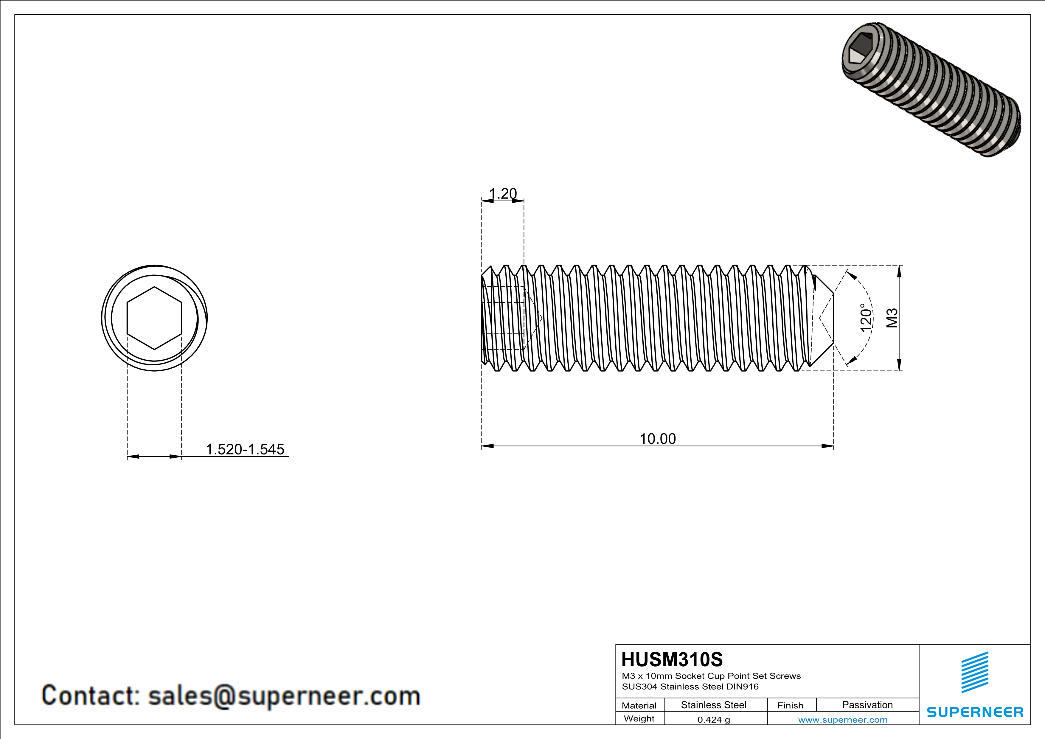 M3 x 10mm Socket Cup Point Set Screws SUS304 Stainless Steel Inox DIN916