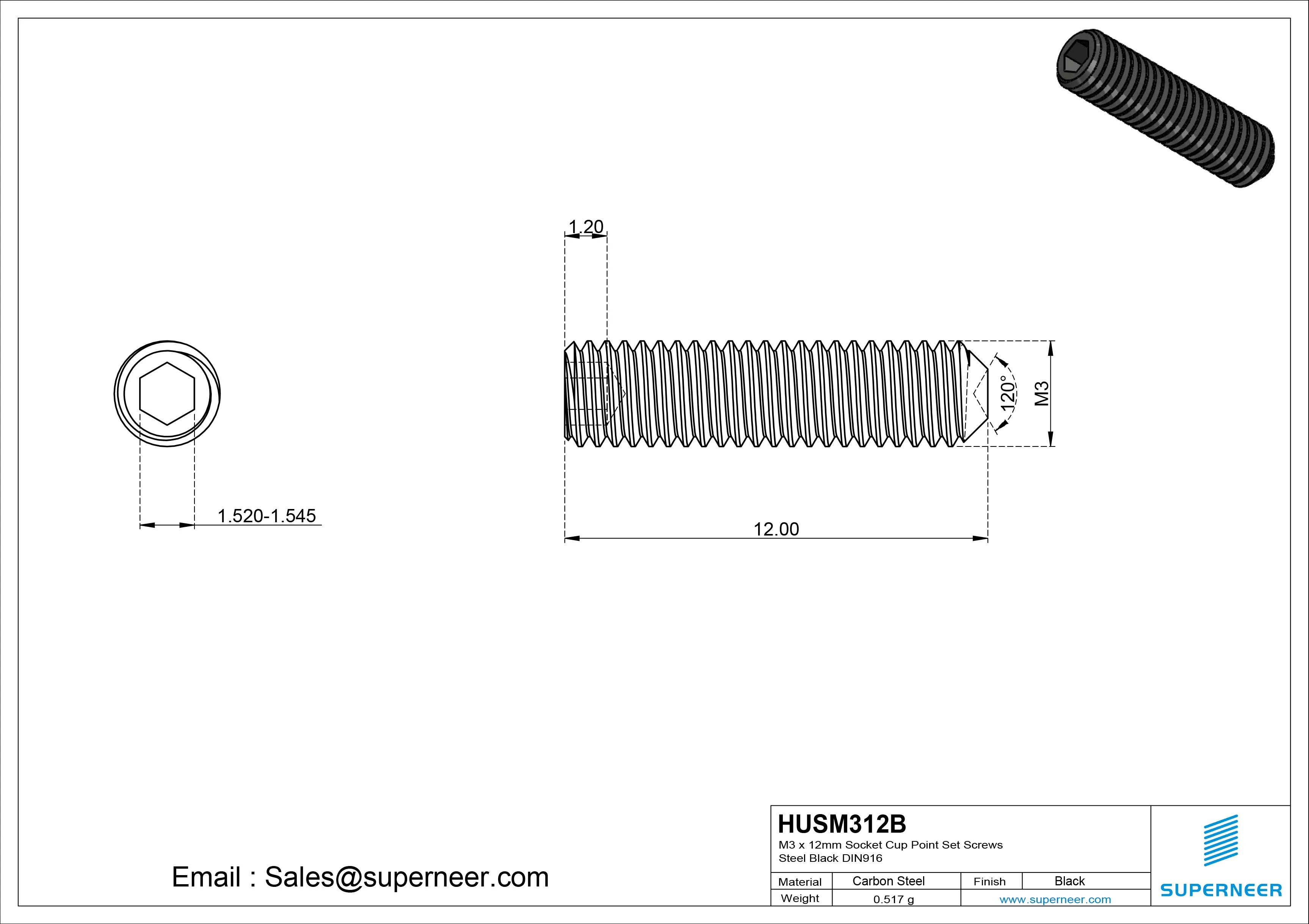 M3 x 12mm Socket Cup Point Set Screws Steel Black DIN916