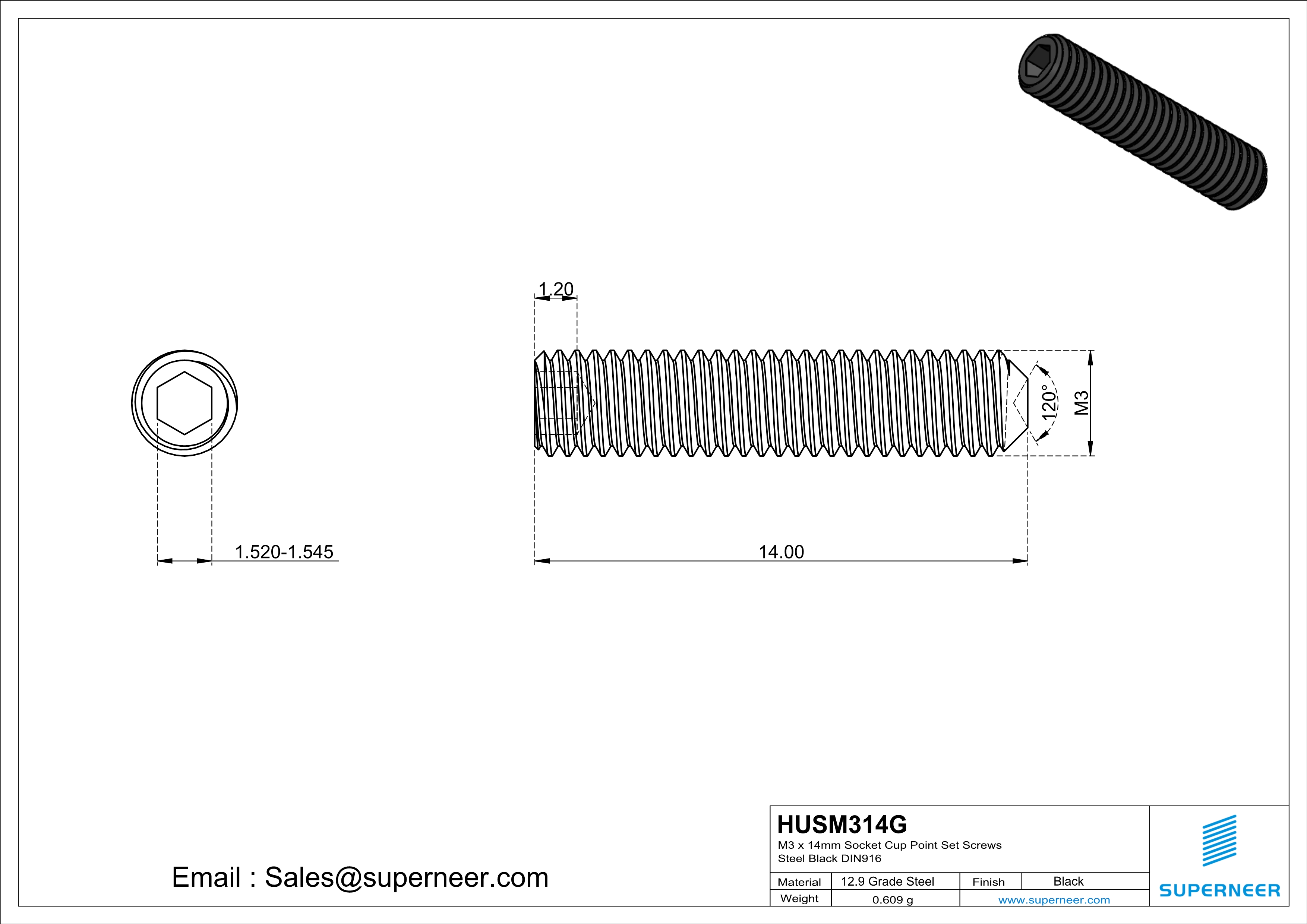 M3 x 14mm Socket Cup Point Set Screws 12.9 Carbon Steel Black DIN916