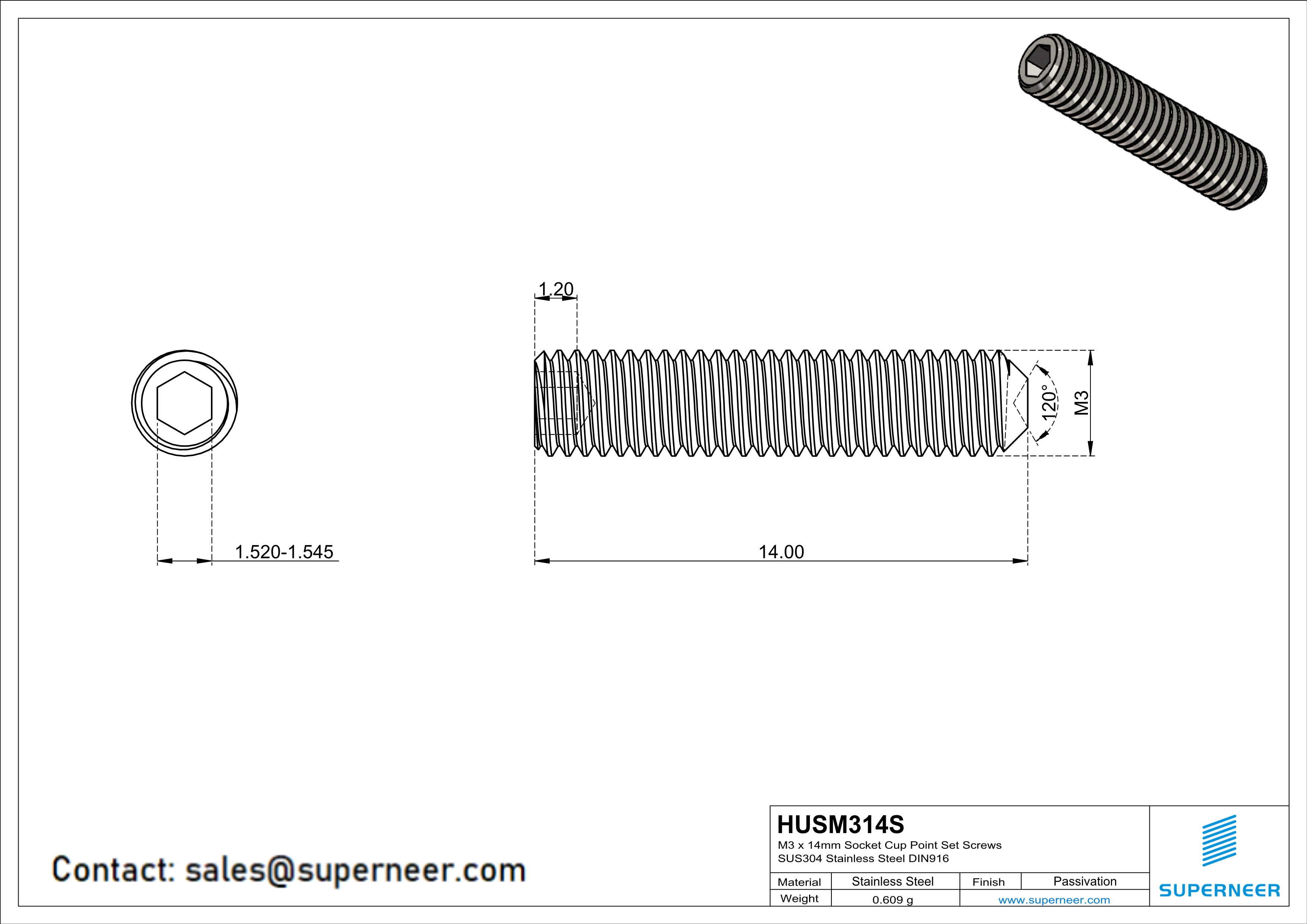 M3 x 14mm Socket Cup Point Set Screws SUS304 Stainless Steel Inox DIN916