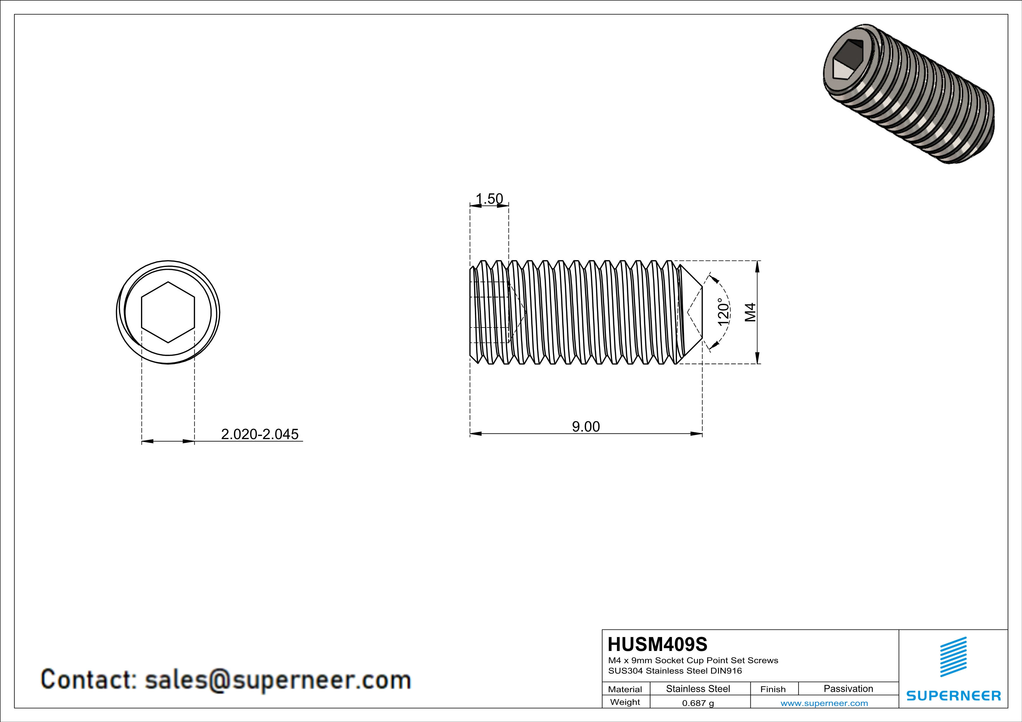 M4 x 9mm Socket Cup Point Set Screws SUS304 Stainless Steel Inox DIN916