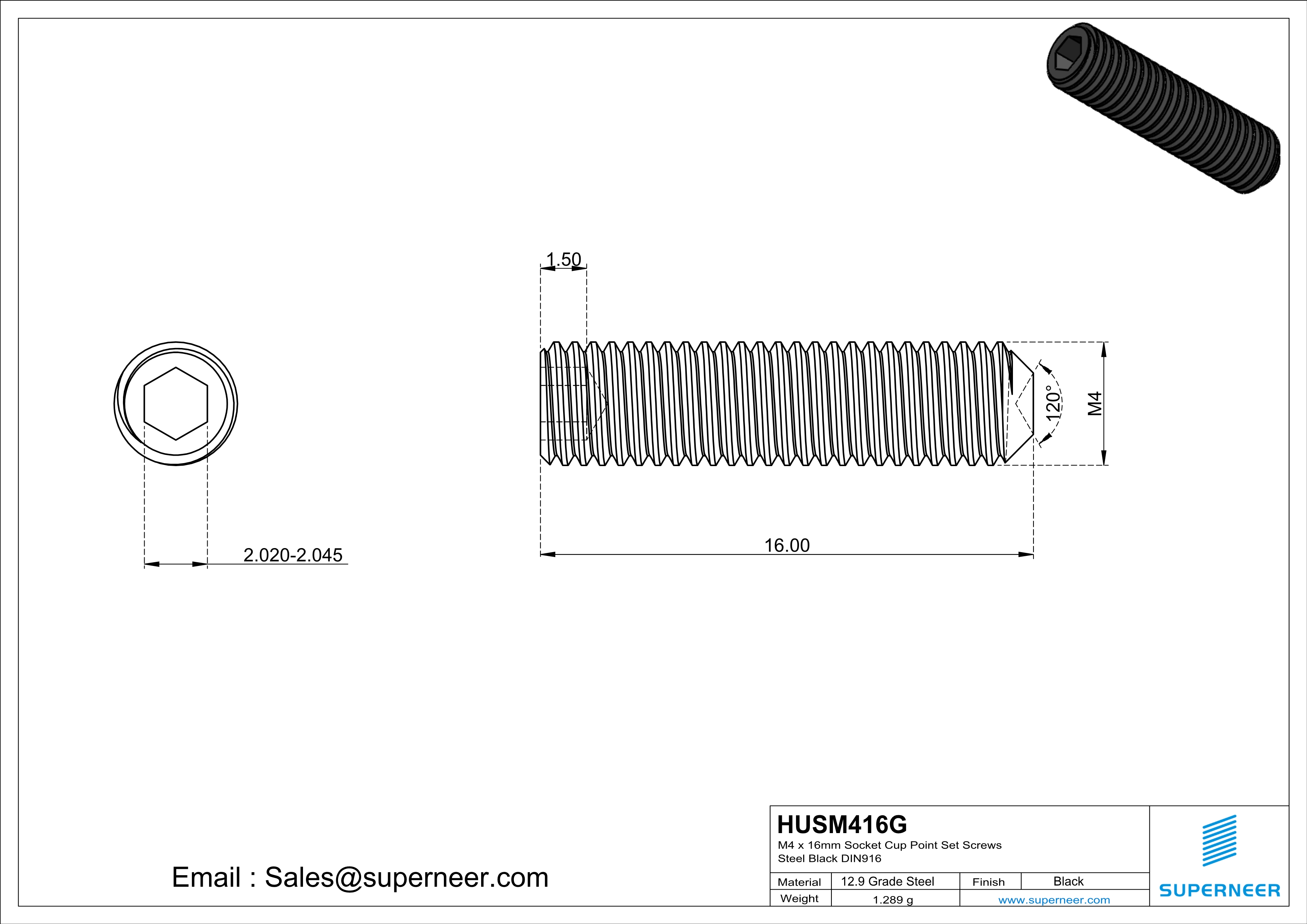 M4 x 16mm Socket Cup Point Set Screws 12.9 Carbon Steel Black DIN916