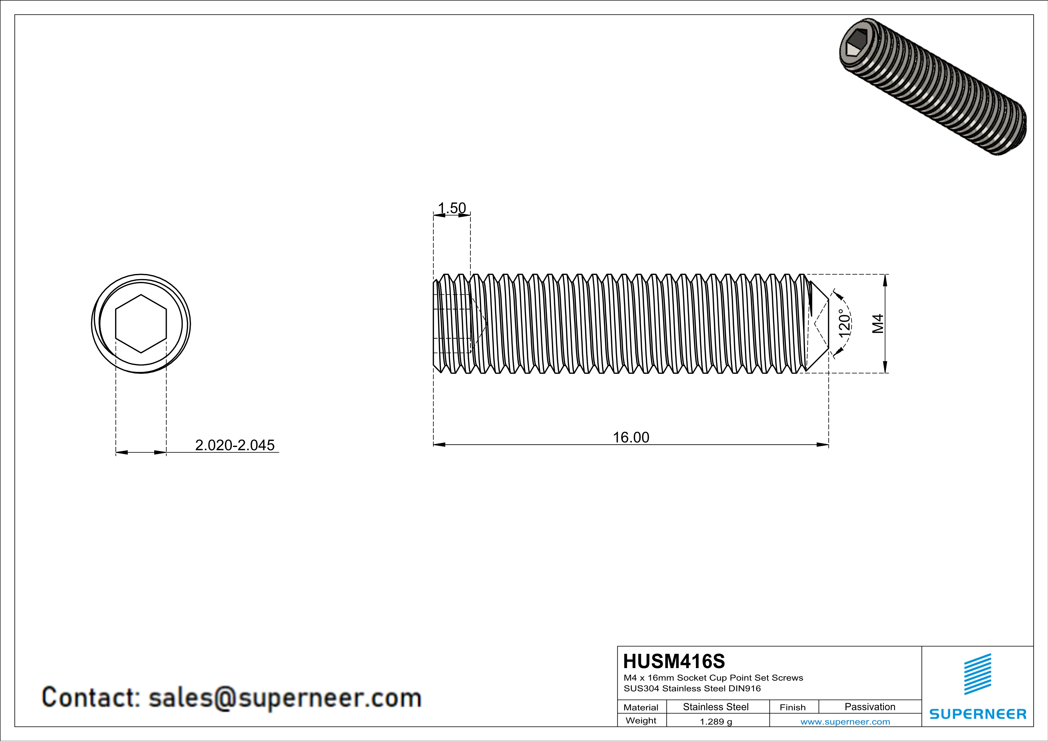 M4 x 16mm Socket Cup Point Set Screws SUS304 Stainless Steel Inox DIN916