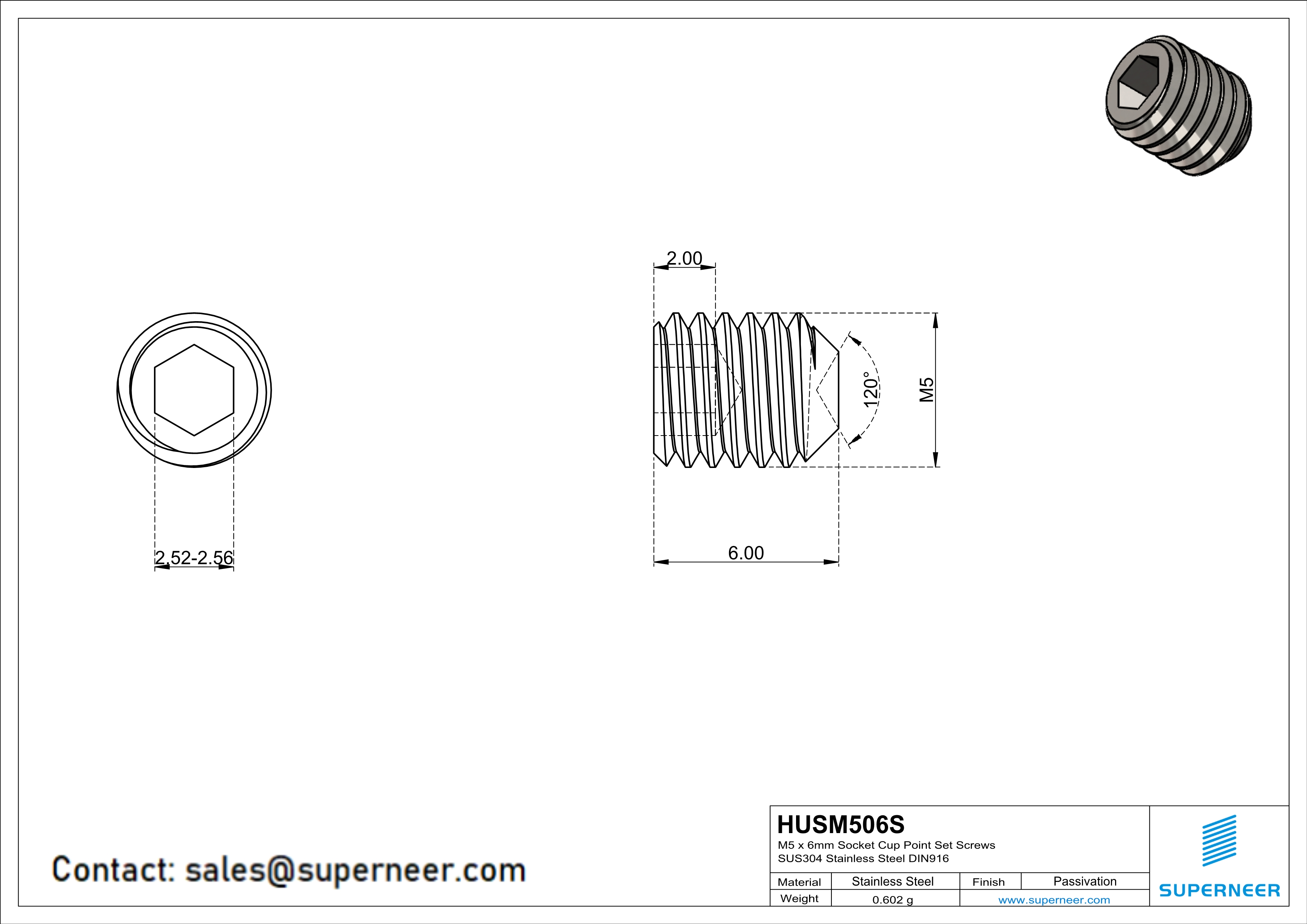 M5 x 6mm Socket Cup Point Set Screws SUS304 Stainless Steel Inox DIN916