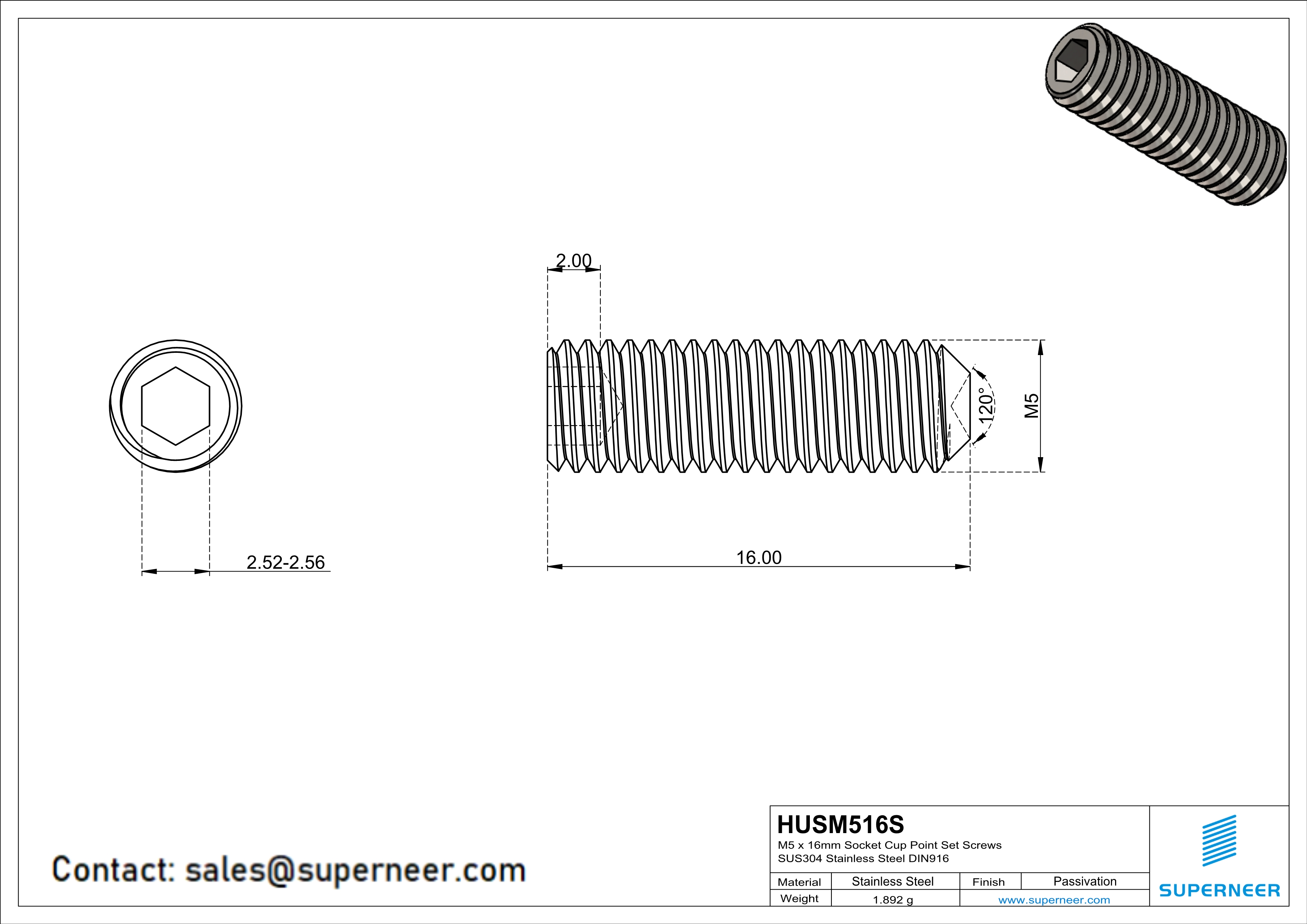 M5 x 16mm Socket Cup Point Set Screws SUS304 Stainless Steel Inox DIN916