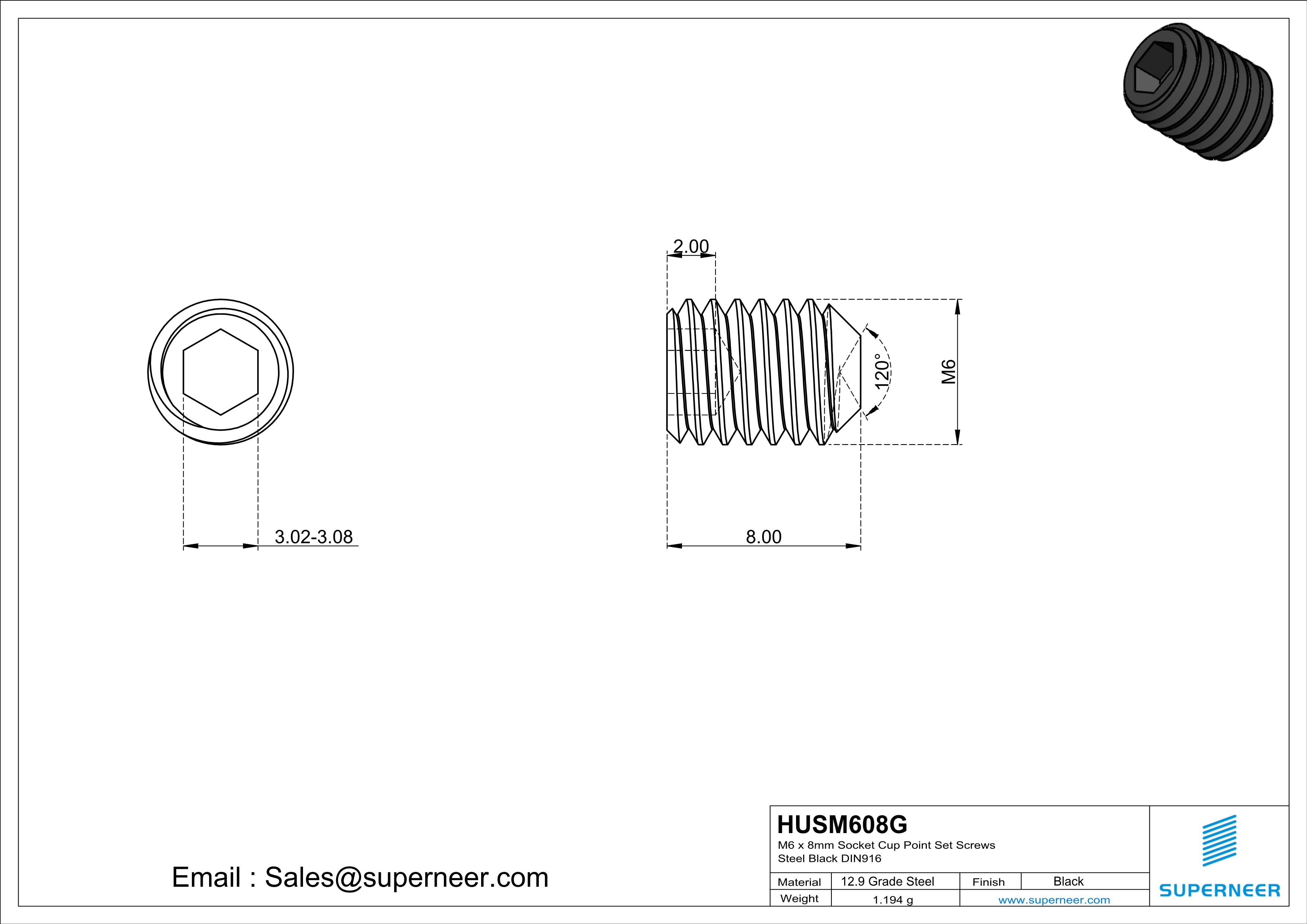 M6 x 8mm Socket Cup Point Set Screws 12.9 Carbon Steel Black DIN916