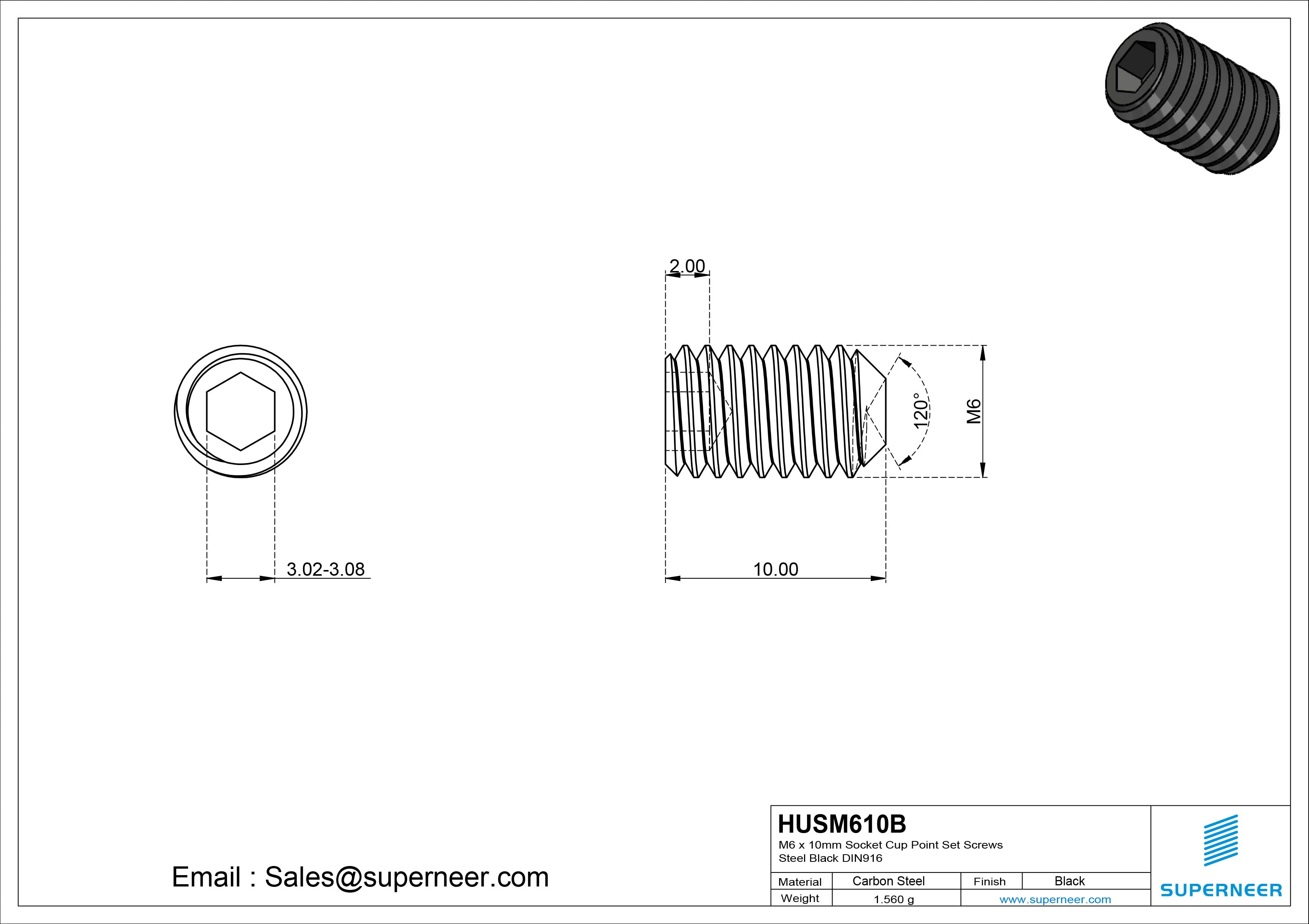 M6 x 10mm Socket Cup Point Set Screws Steel Black DIN916