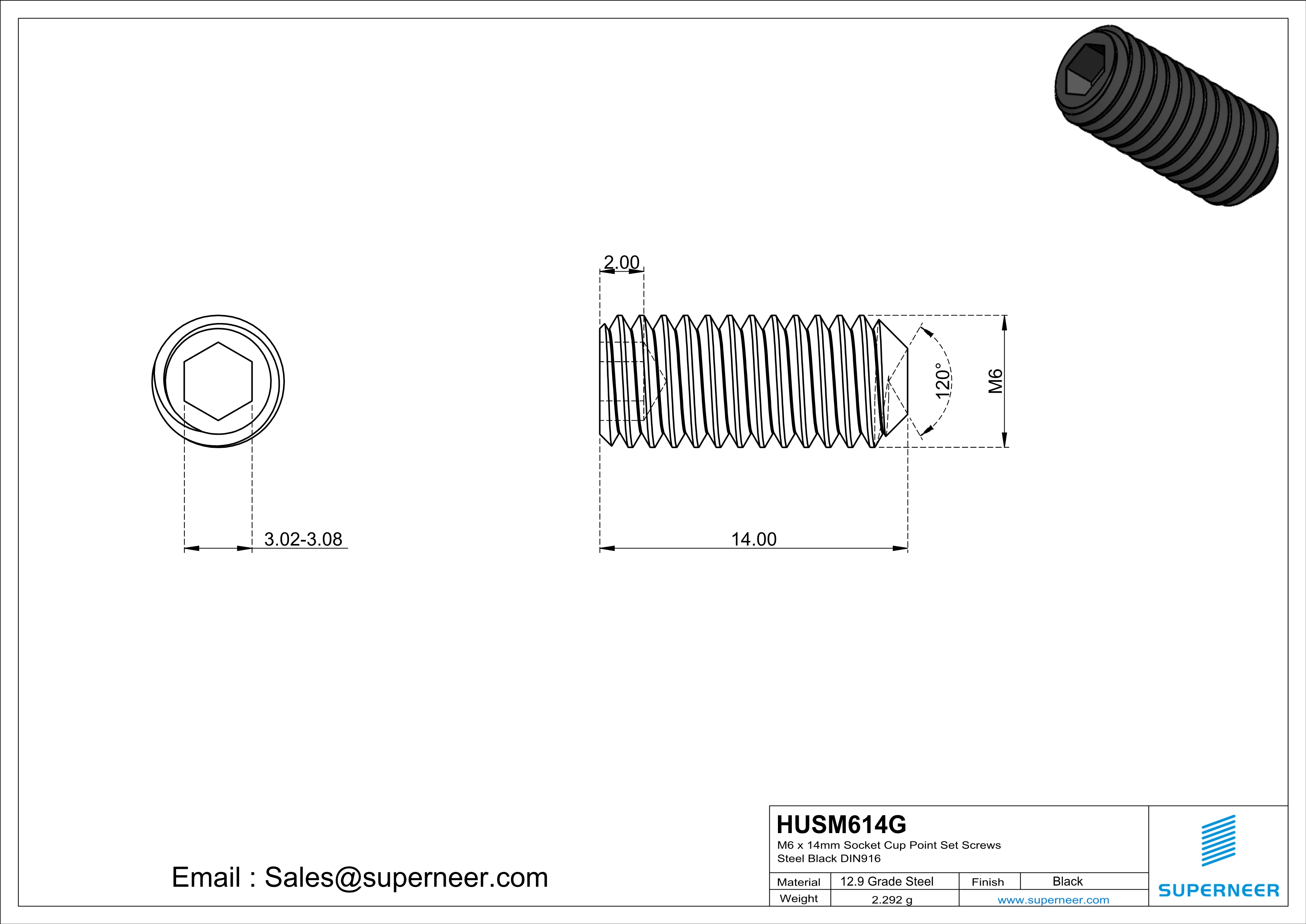 M6 x 14mm Socket Cup Point Set Screws 12.9 Carbon Steel Black DIN916
