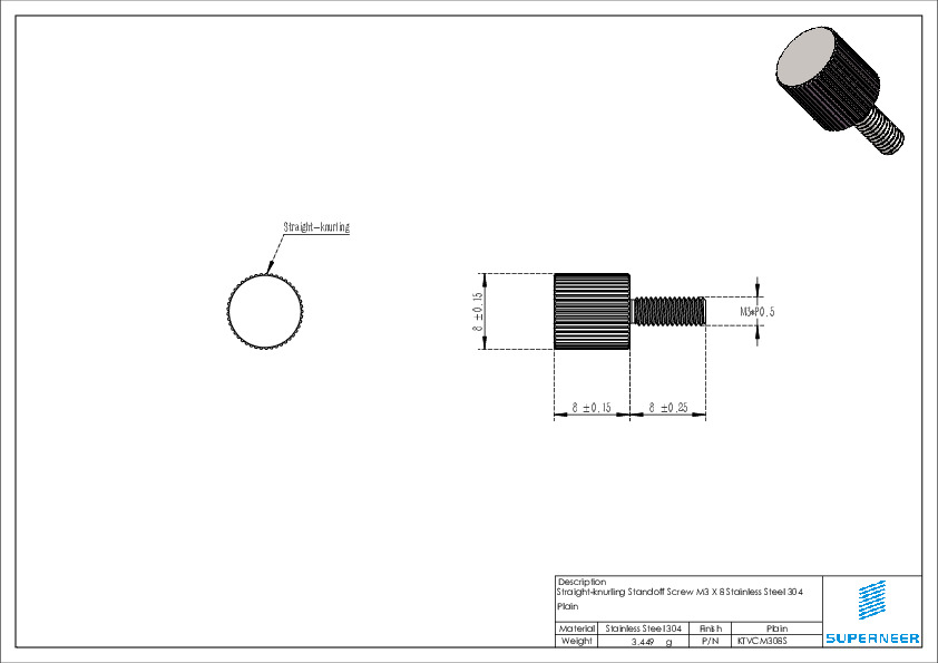 M3 x 8mm  Thumb Screw Knurled Head (Head Diameter 8mm,Head Height 8mm) SUS304 Stainless Steel Inox