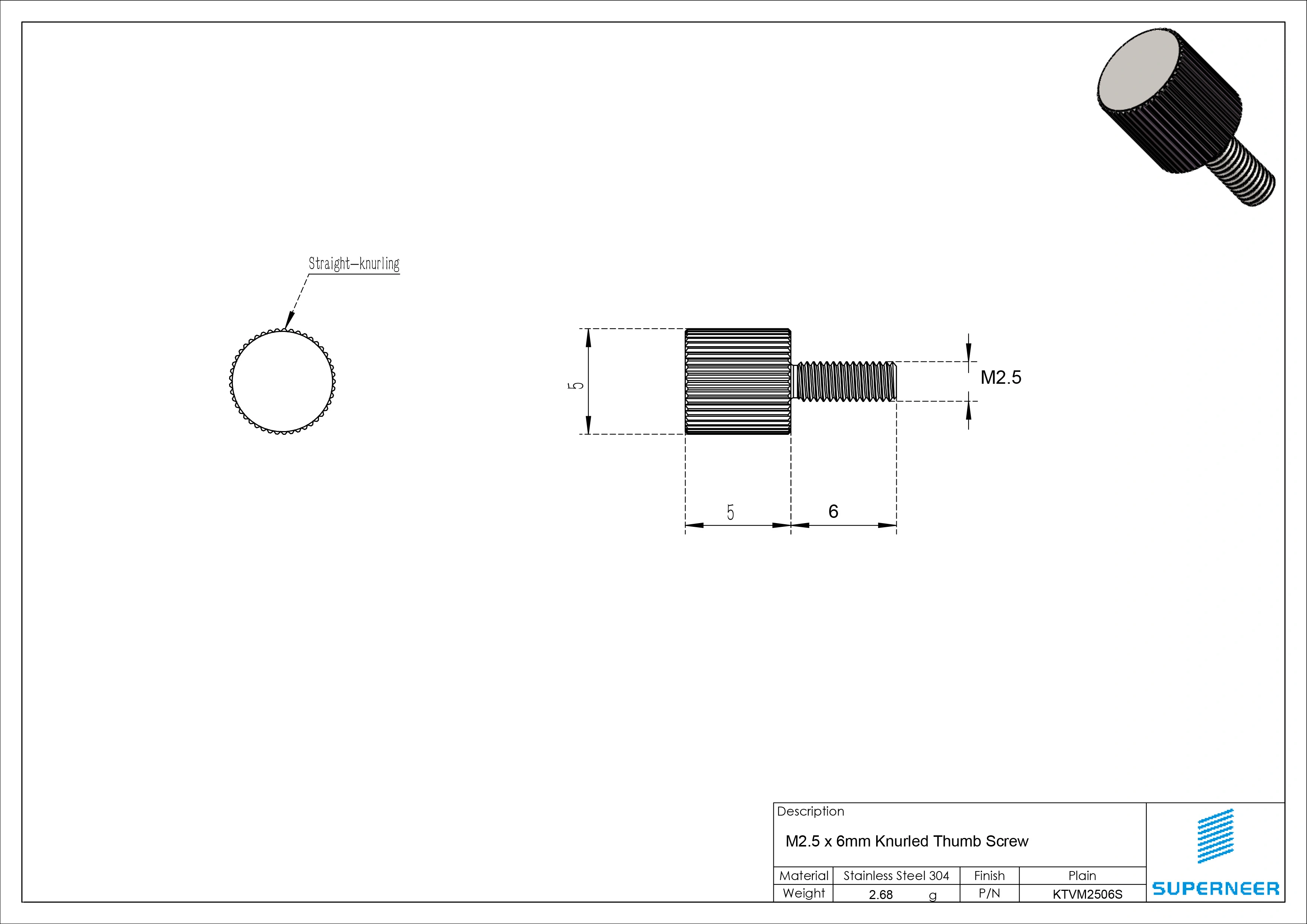 M2.5 x 6mm Knurled Thumb Screw Flat Head Vertical Knurled Knob Screws SUS304 Stainless Steel Inox