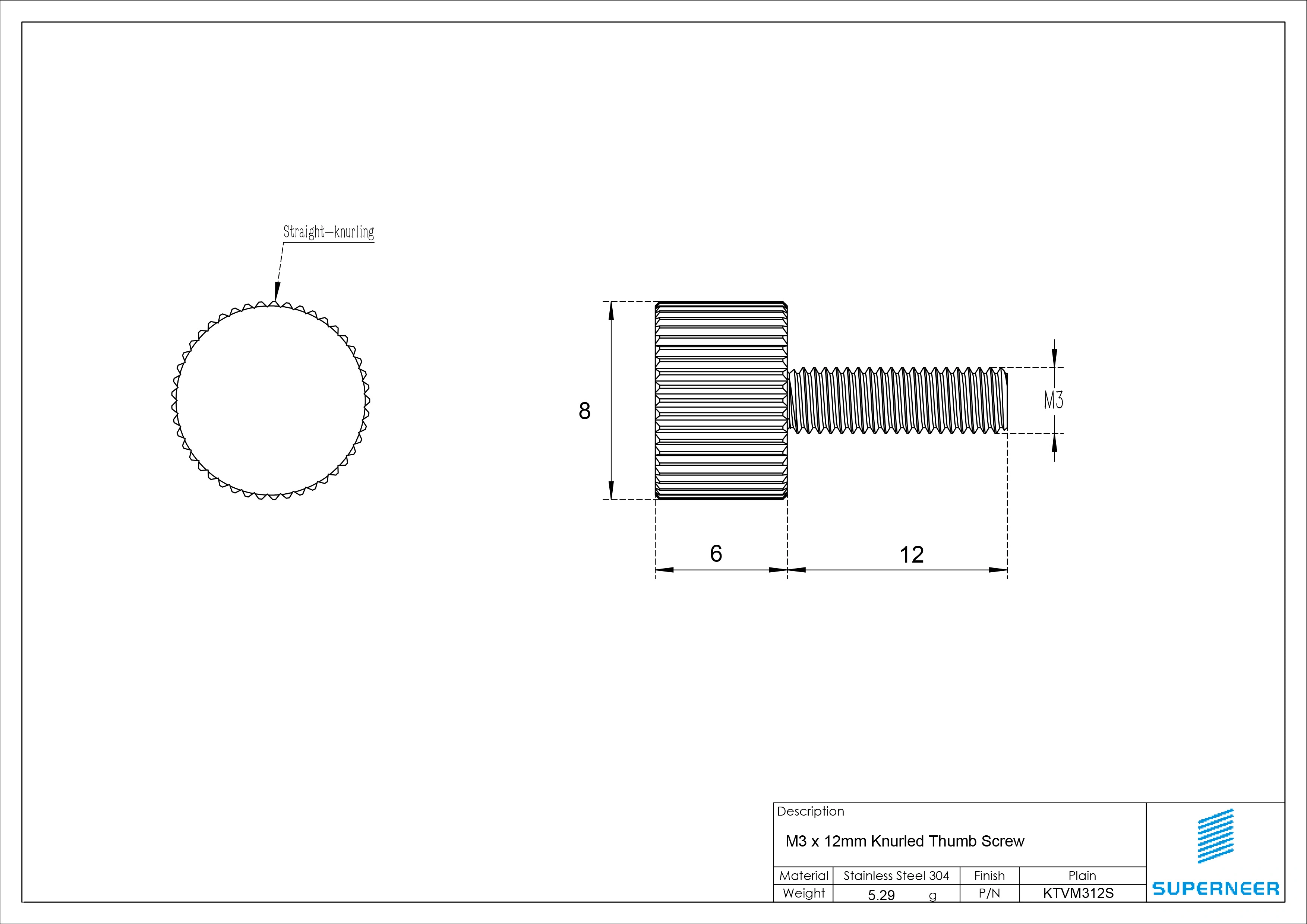 M3 x 12mm Knurled Thumb Screw Flat Head Vertical Knurled Knob Screws SUS304 Stainless Steel Inox