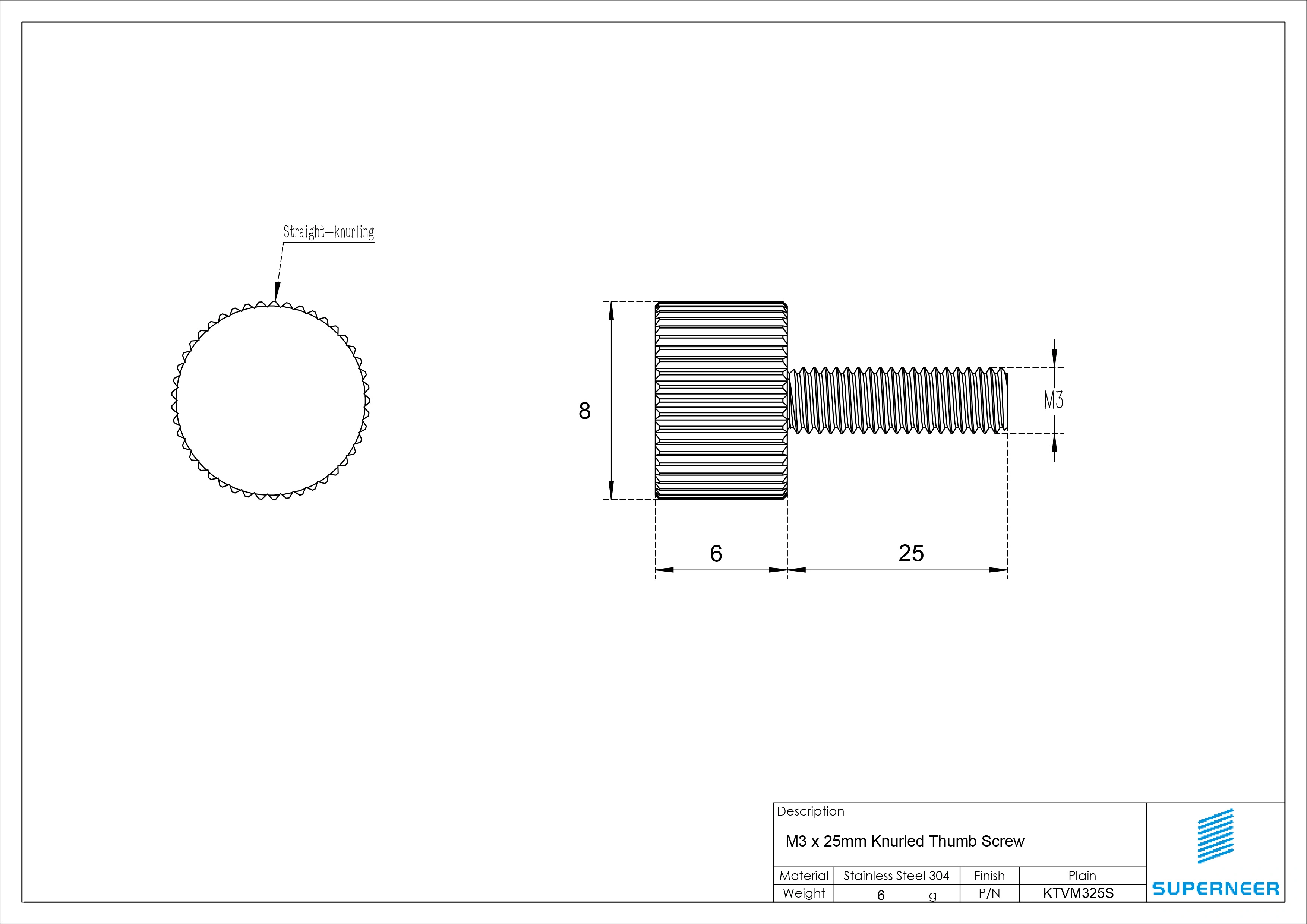 M3 x 25mm Knurled Thumb Screw Flat Head Vertical Knurled Knob Screws SUS304 Stainless Steel Inox