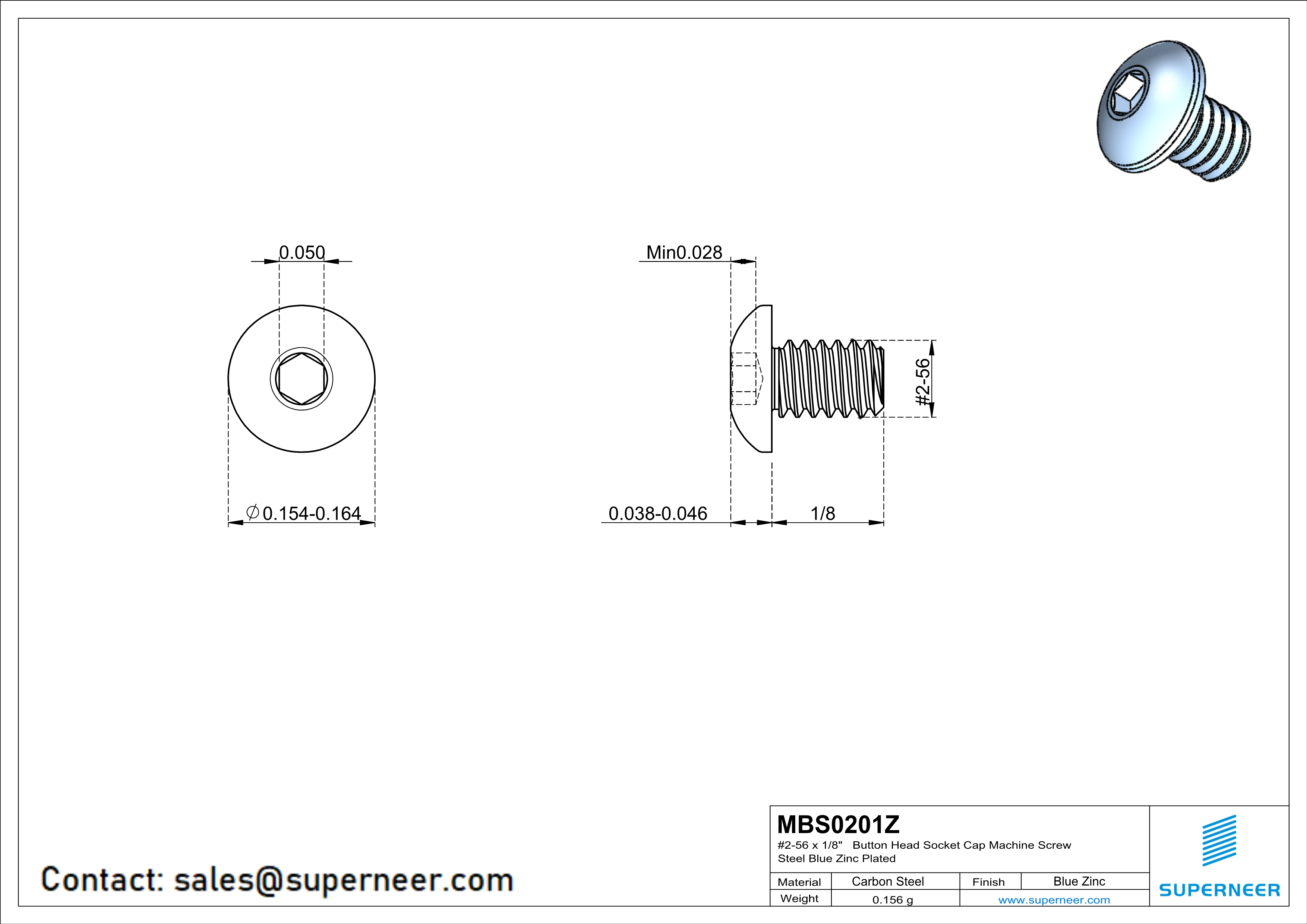 2-56 x 1/8"  Button Head Socket Cap Machine Screw Steel Blue Zinc Plated