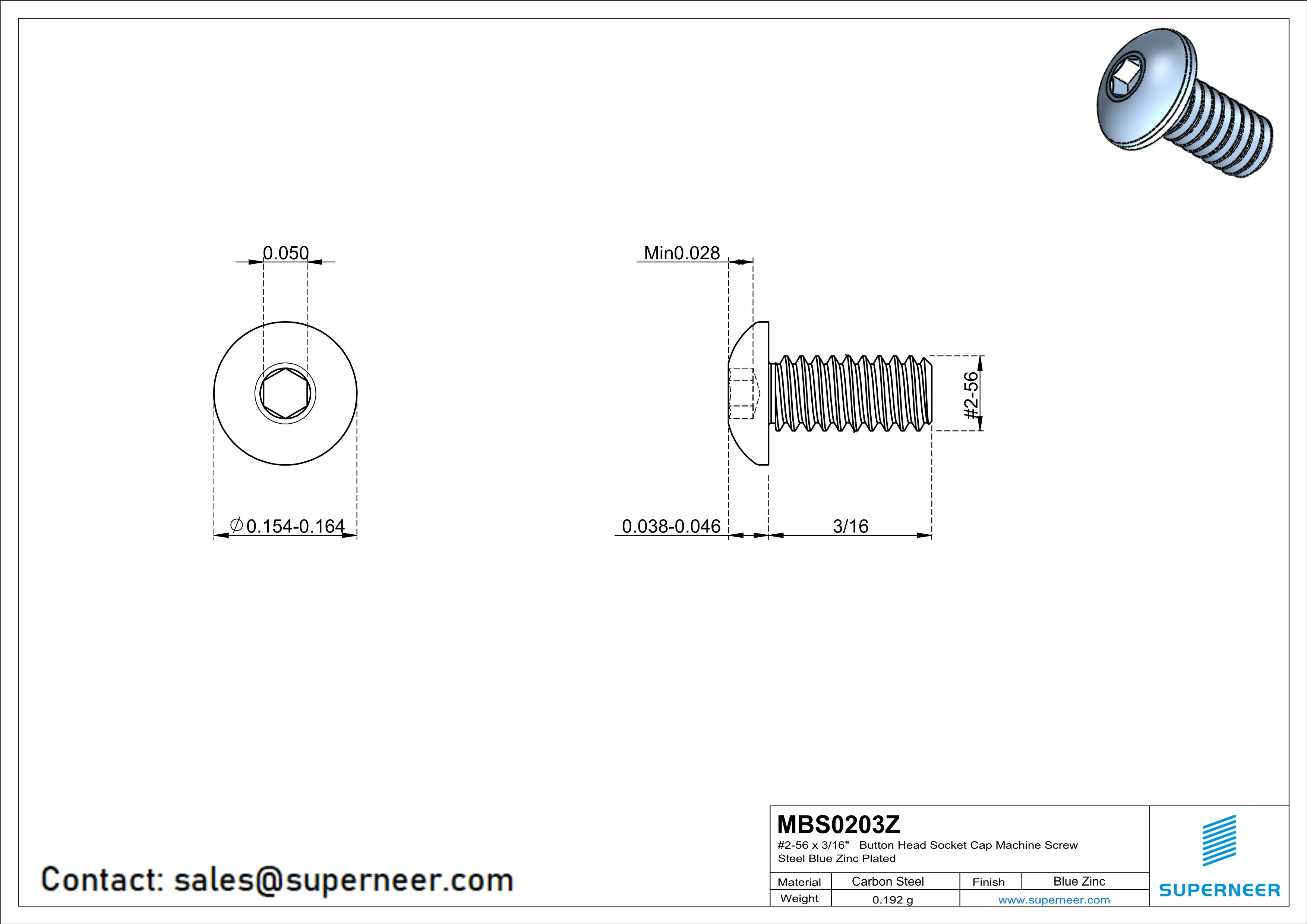 2-56 x 3/16"  Button Head Socket Cap Machine Screw Steel Blue Zinc Plated